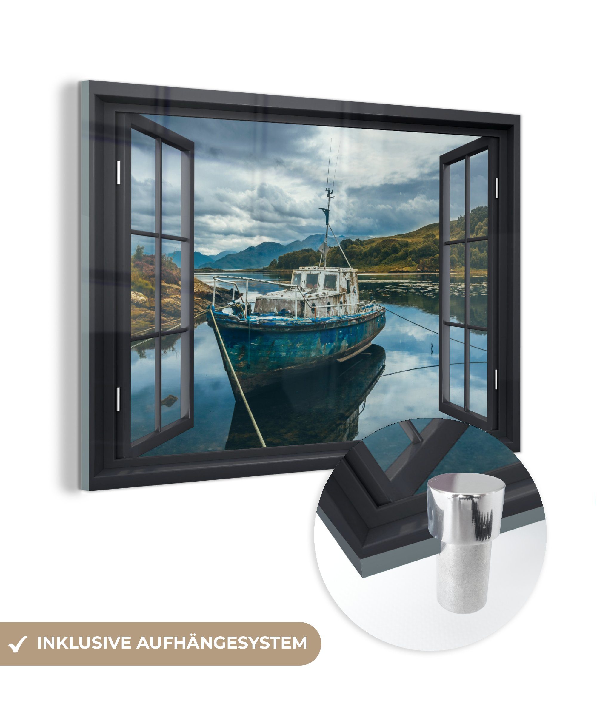 MuchoWow Acrylglasbild Durchblick - Boot - Berg, (1 St), Glasbilder - Bilder auf Glas Wandbild - Foto auf Glas - Wanddekoration