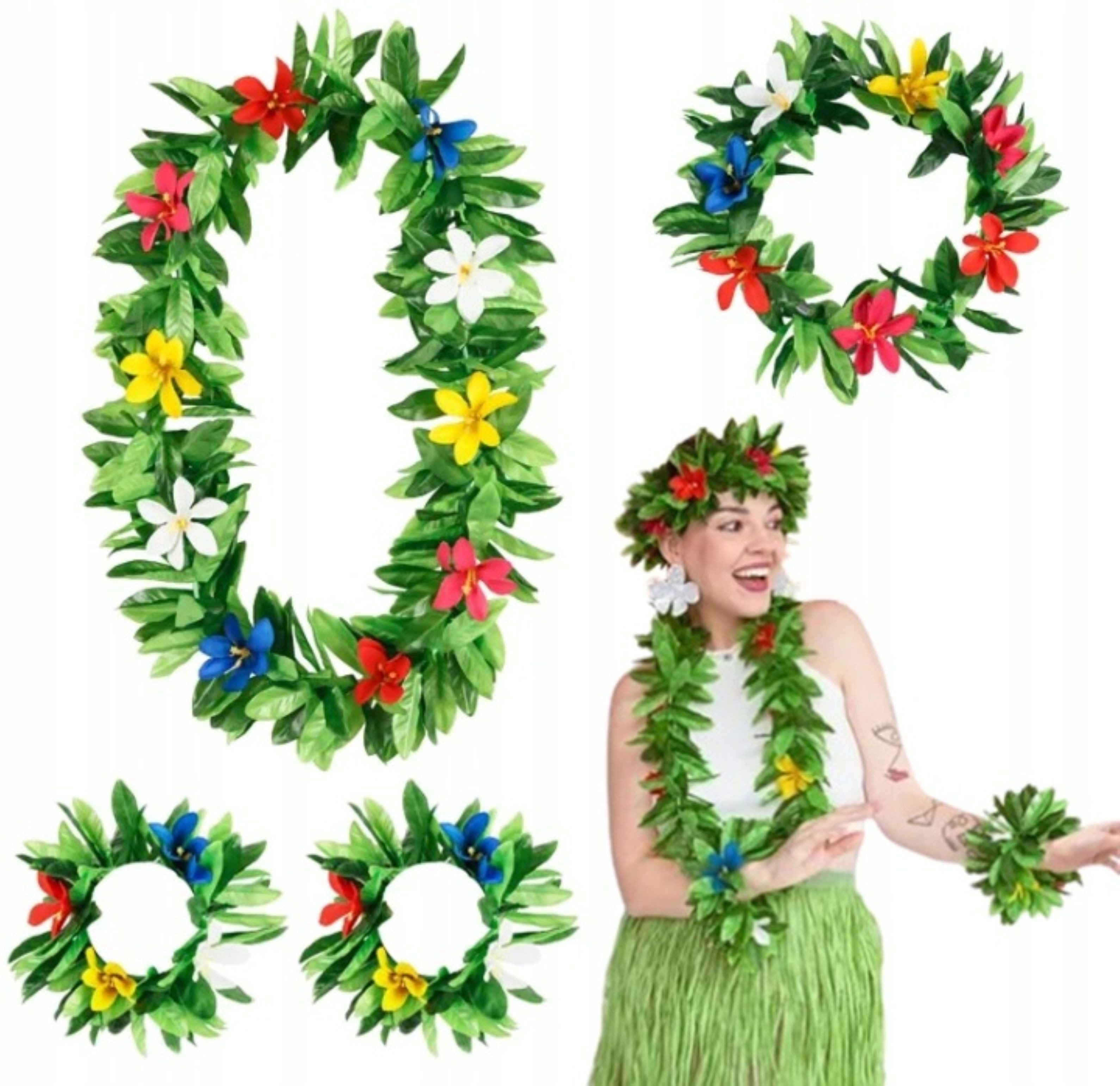 Festivalartikel Hawaii-Kostüm Hawaii Set Grün Lei Kranz Armband Party Kostüm Set