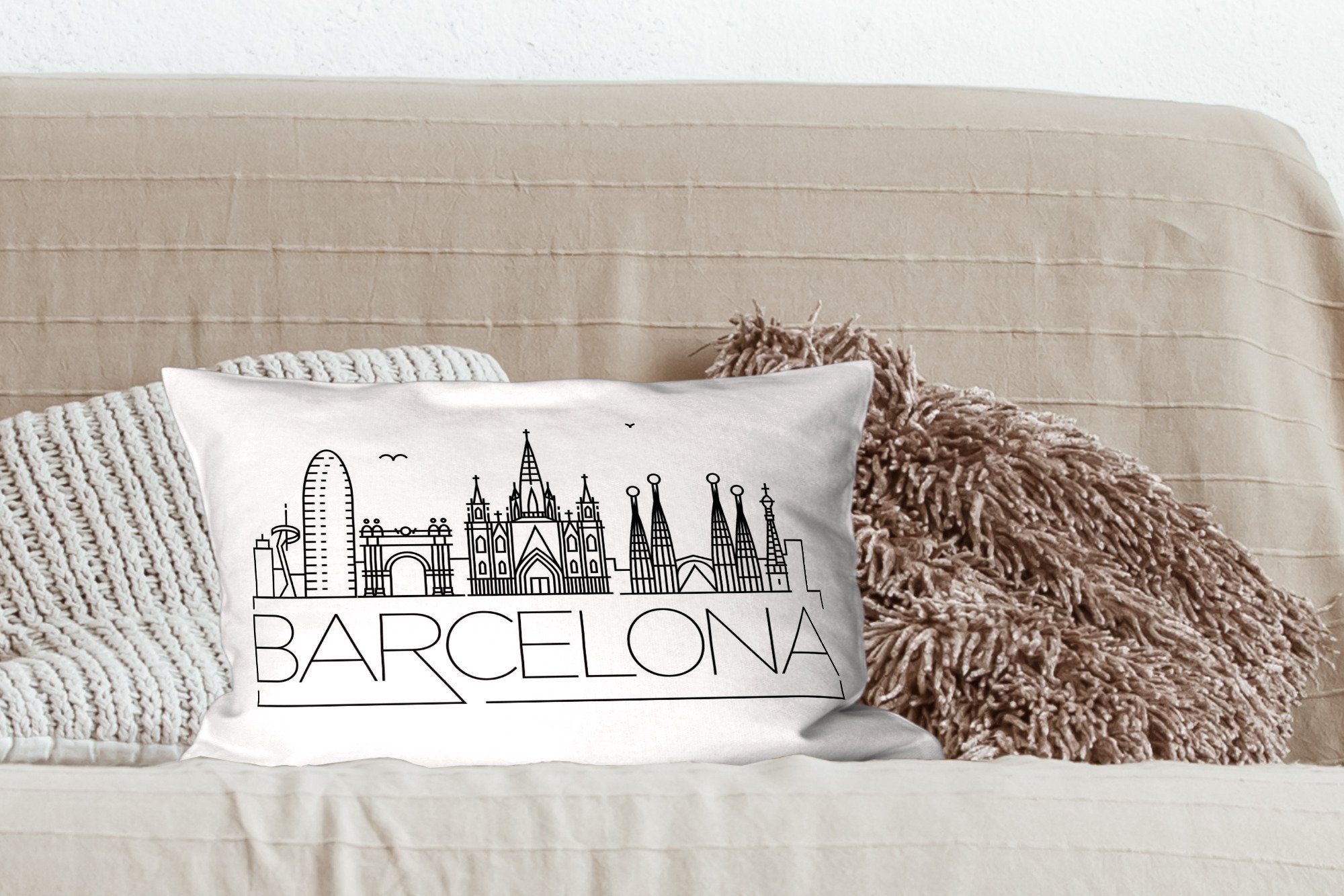 "Barcelona" Füllung, mit weiß, Schlafzimmer Dekokissen MuchoWow Skyline schwarz Dekoration, auf Zierkissen, Dekokissen Wohzimmer