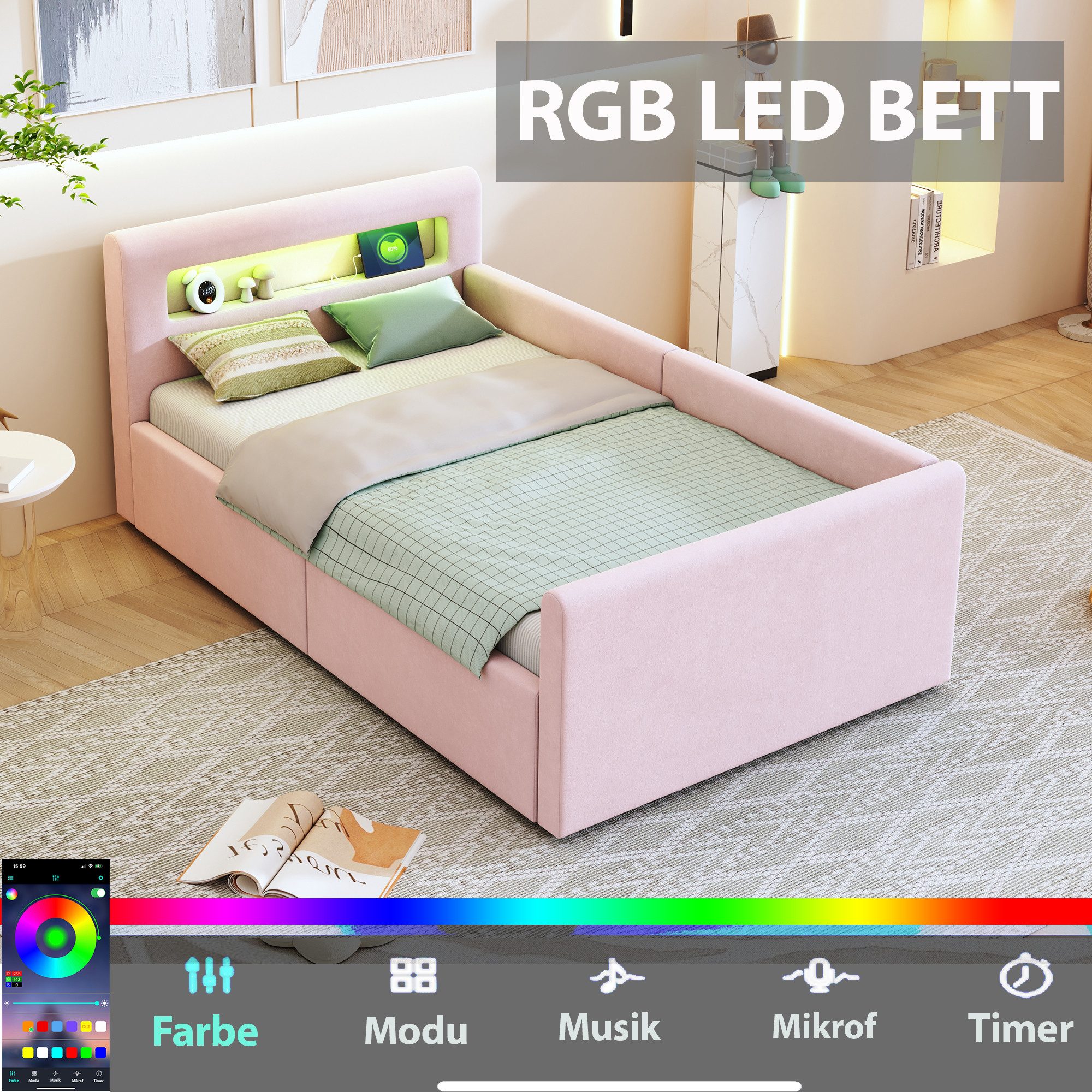 Flieks Polsterbett, Hydraulisches Stauraumbett Kinderbett 90x200cm mit Led günstig online kaufen
