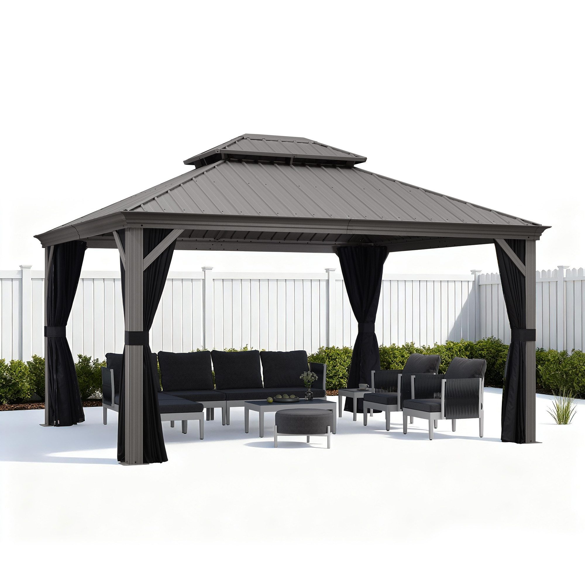 PURPLE LEAF Pavillon Außenbereich Alu Gartenpavillon, Gazebo mit Stahldach Hardtop, 365x 425 CM, Gazebo Inklusive Vorhänge und Fliegengitter, für Terrasse