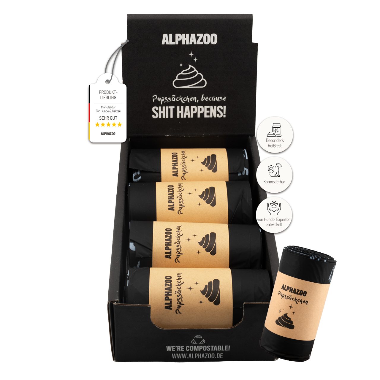 ALPHAZOO Hundekotbeutel Pupssäckchen Kotbeutel 120 Stück, Kompostierbare Kotbeutel Hunde I Biologisch abbaubar