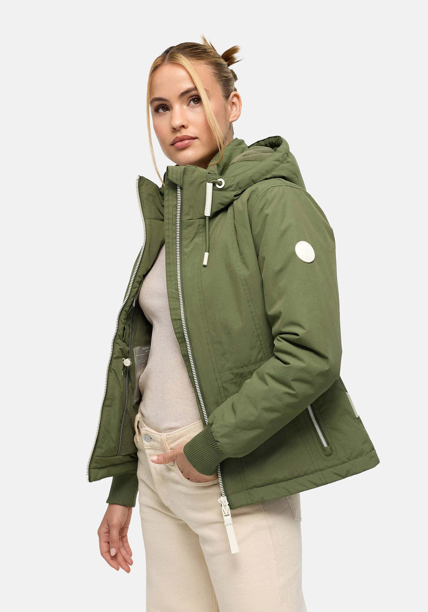 Marikoo Winterjacke Vivii Softshelljacke mit Kapuze und Kontrast-Reißverschlüssen
