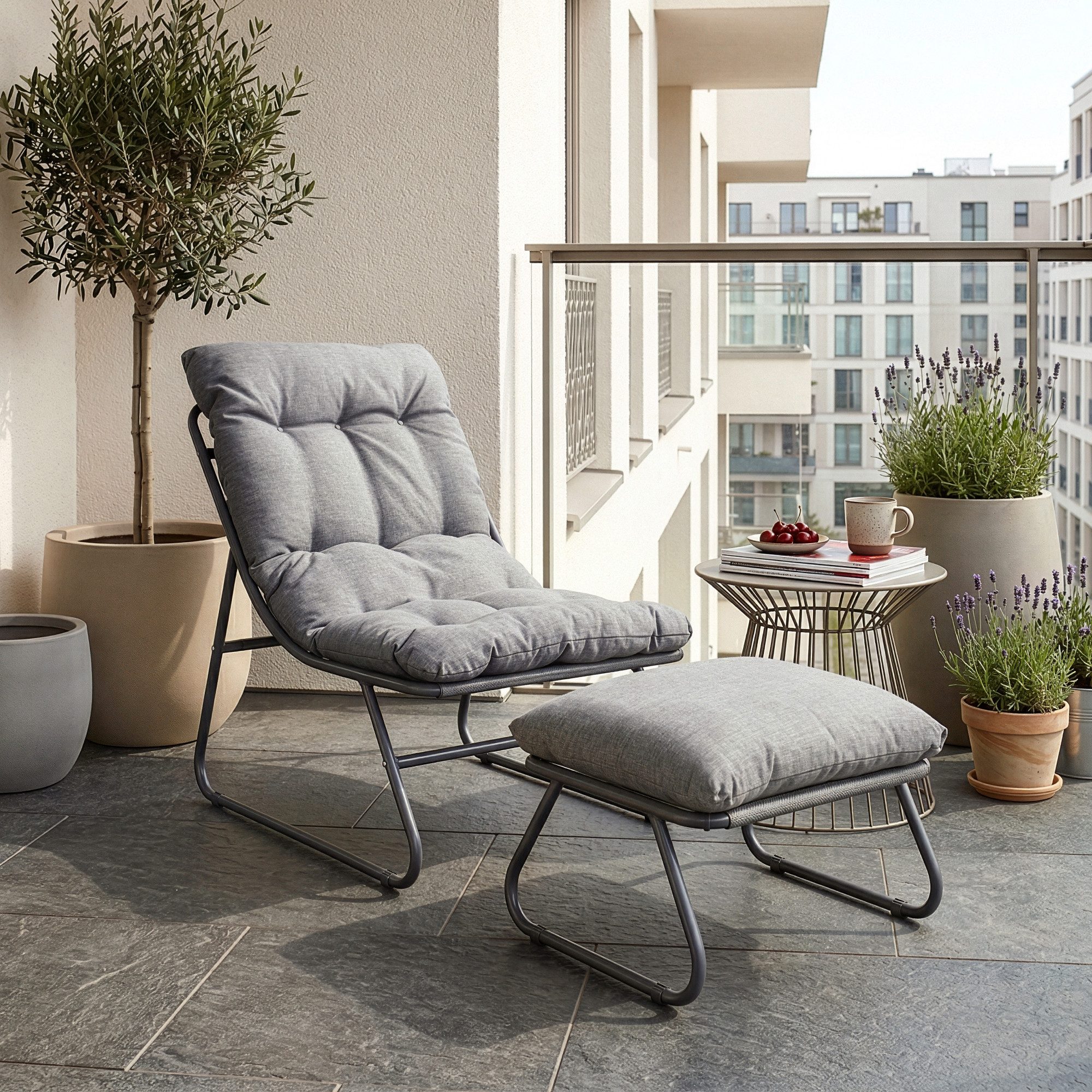 casa.pro Balkonset, (2-tlg., 1 Sessel, 1 Fußhocker inkl. Auflagen), »Malmö« Sessel mit Fußhocker Polsterkissen Metallgestell Dunkelgrau