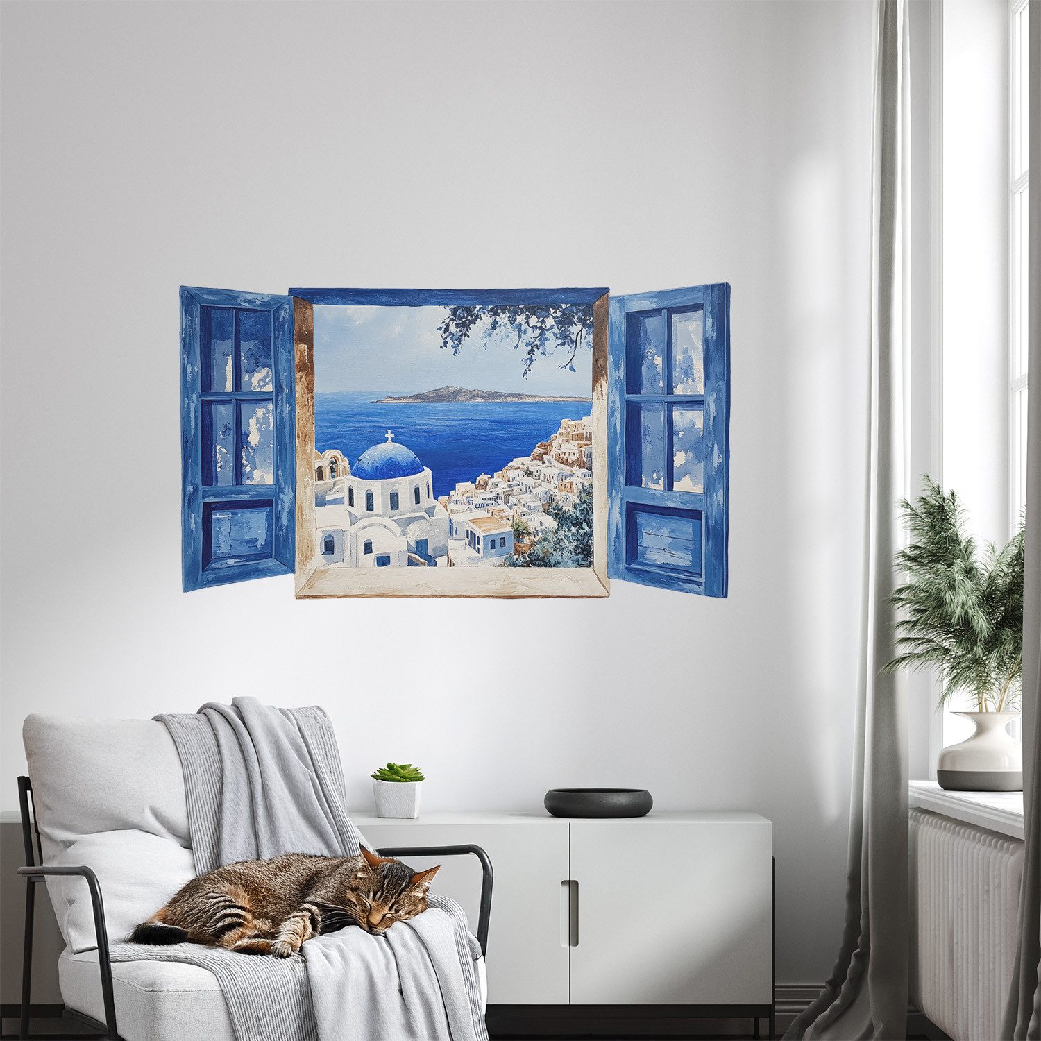 Tulup Wandtattoo 3D-Wandaufkleber Illusion Fenster, Blau Dekoratives 3D-Wandaufkleber, Griechische Landschaft, Meerblick durch das blaue Fenster
