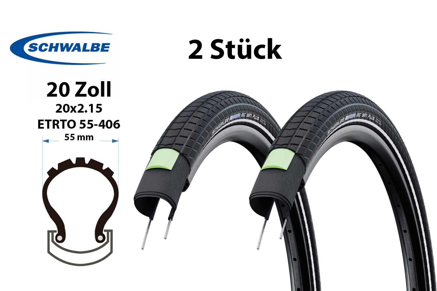 Schwalbe Fahrradreifen 2 Stück 20 Zoll SCHWALBE Reifen Big Ben Plus 20x2.15 ADDIX 55-406, (2-tlg)