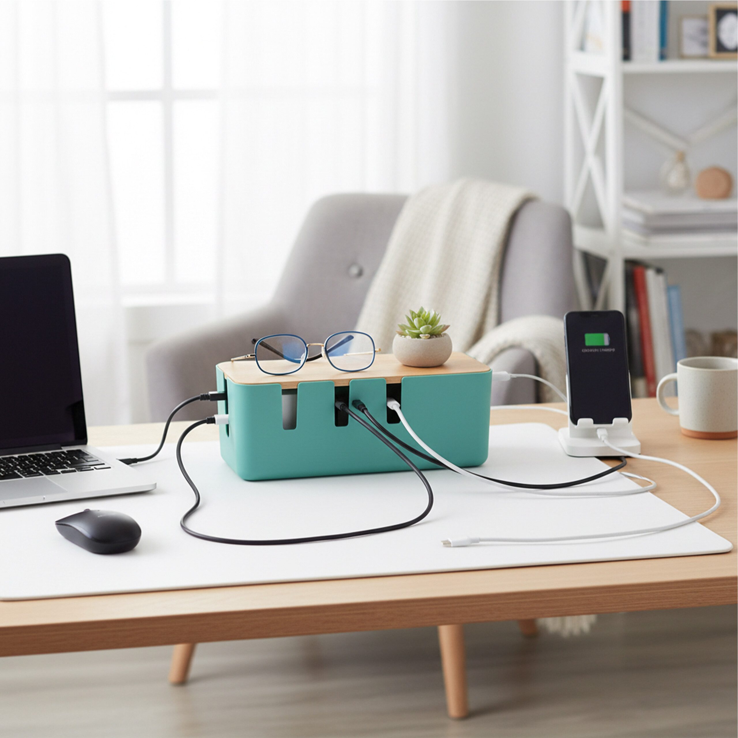 relaxdays Kabelbox mit Holzdeckel, Mint