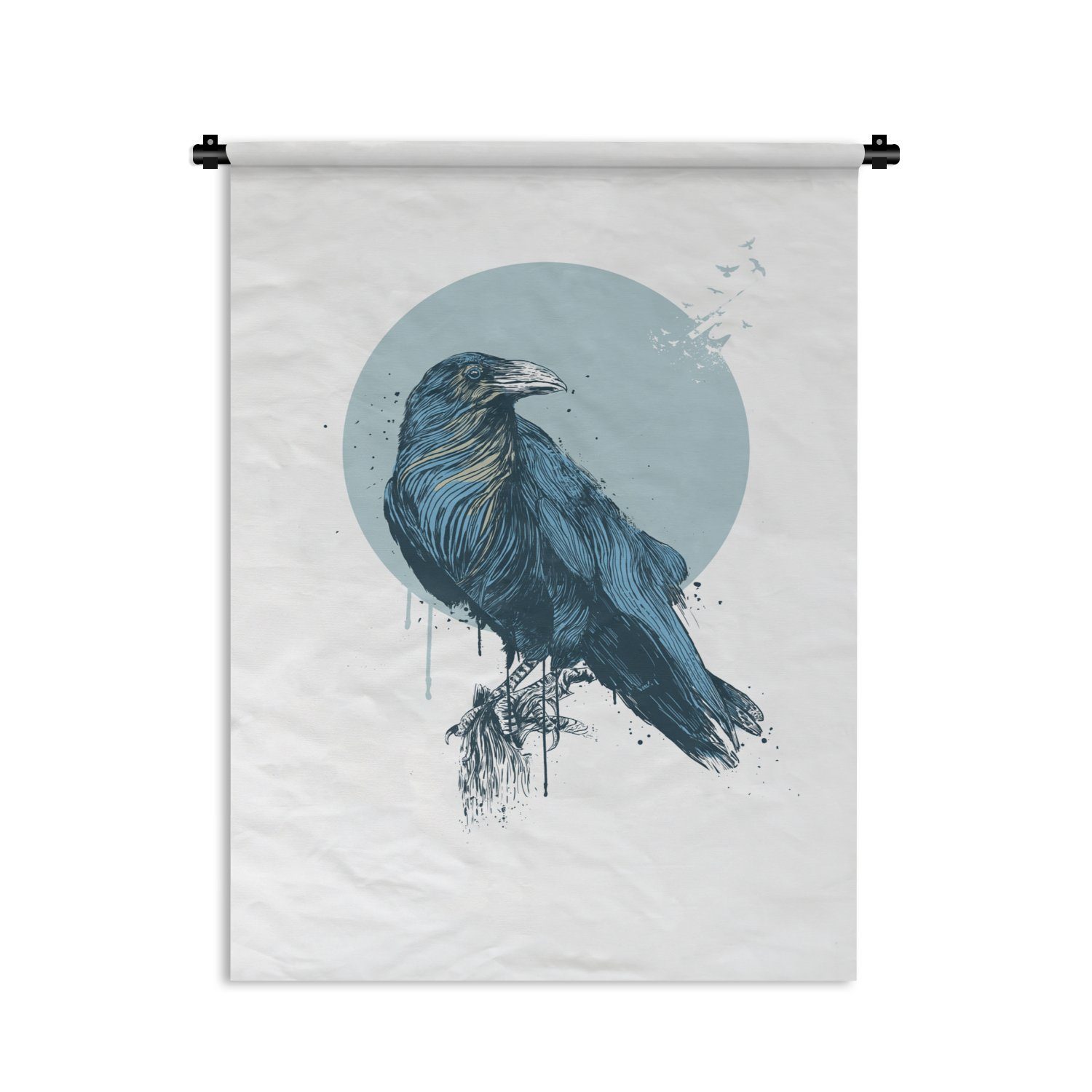 Blau - Vögel, Tapisserie, Wohnzimmer, Wand, Deko für MuchoWow Wanddekoobjekt Schlafzimmer - an Krähe der Mond -