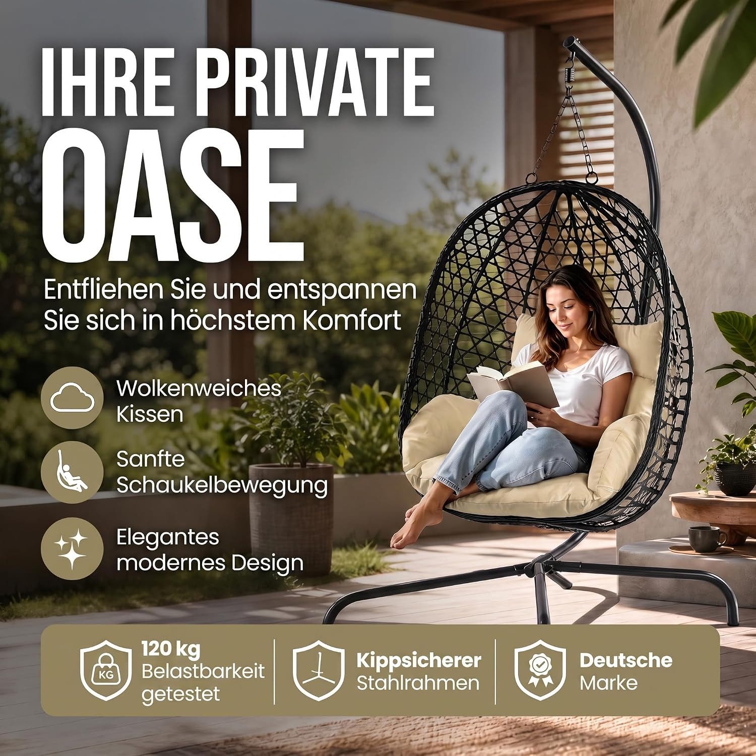 Goods+Gadgets Hängestuhl Polyrattan Hängestuhl mit Gestell und Kissen–Komfort für Innen & Außen (Hängekorb Sessel), Schwebeliege Rattan Outdoor & Indoor Relax Hängeliege