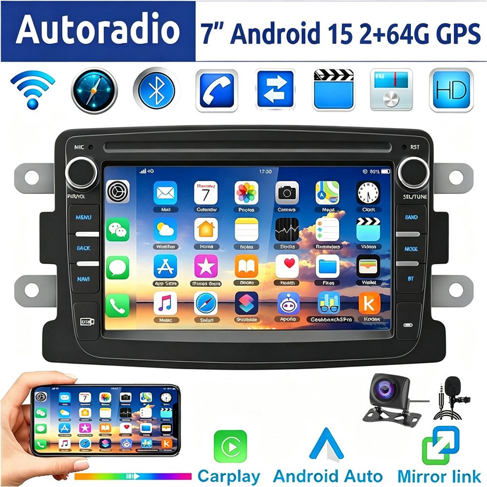 ESSGOO 7" Android 15 Für Renault Captur Dacia Duster Dokker Logan Sandero Autoradio (RDS, 2+64GB(optional), FM, DAB+ (optional), GPS Navi Carplay Android Auto Bluetooth EQ USB WIFI Touchscreen SWC)