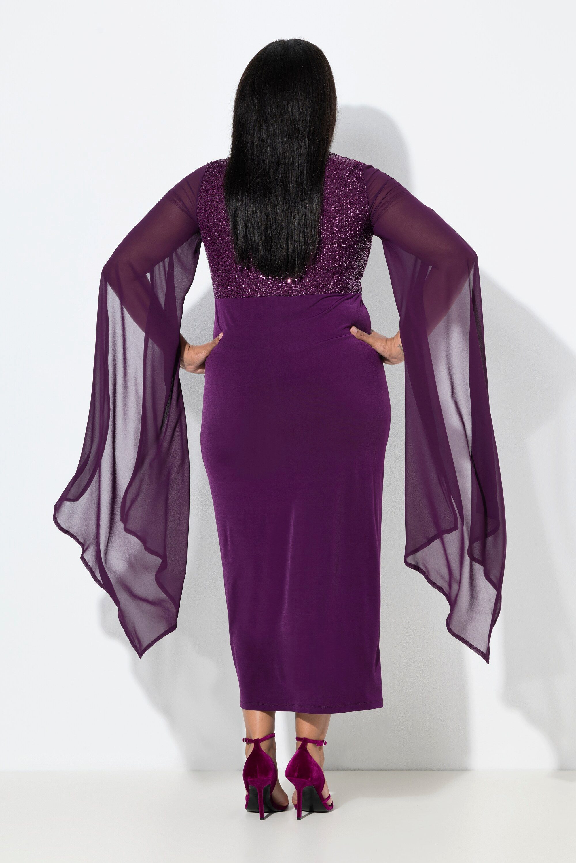 Ulla Popken Partykleid Chiffon-Maxikleid Pailletten V-Ausschnitt Langarm