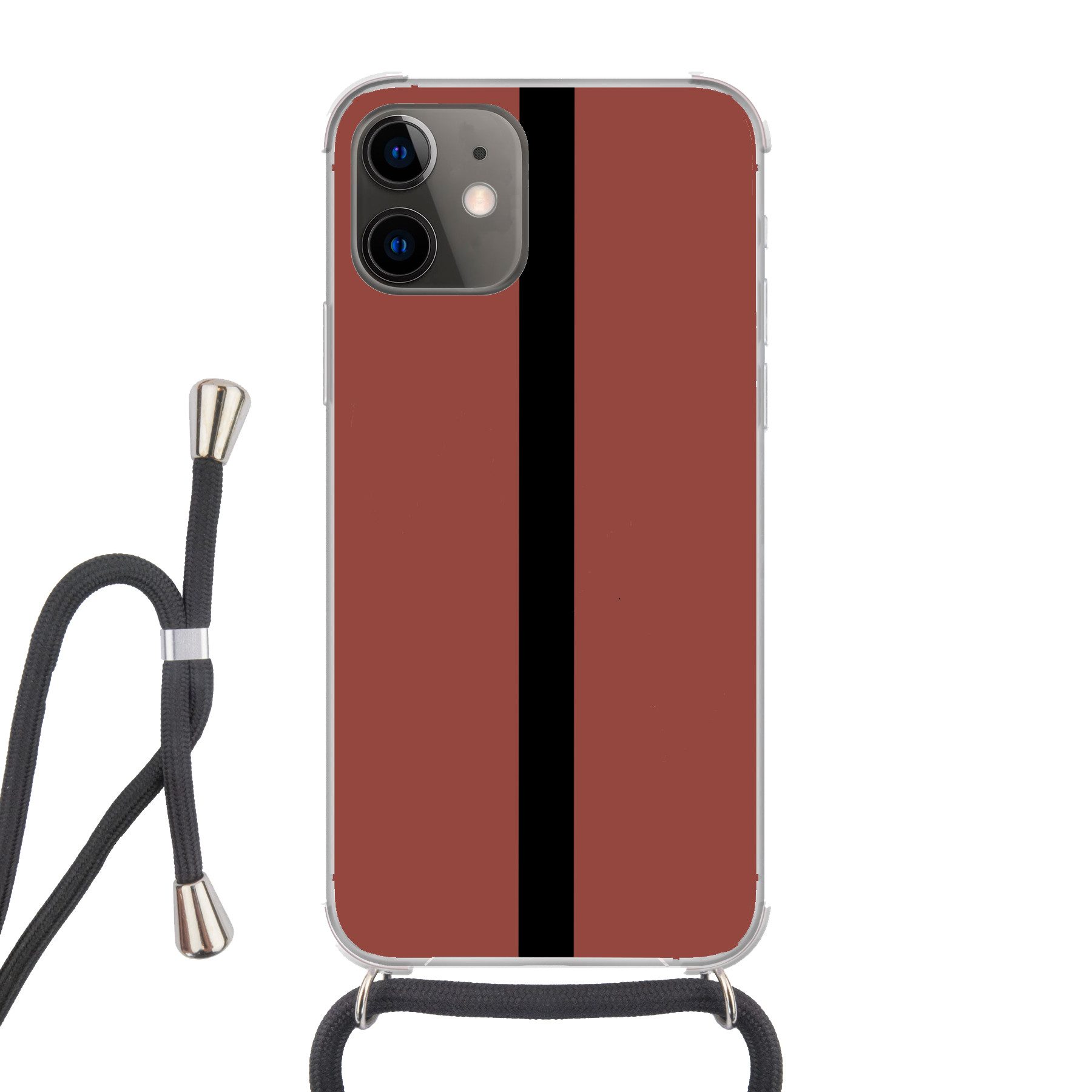 MuchoWow Handyhülle für Apple iPhone 12 Mini Rot - Schwarz - Gestreift - Minimalistisch, Tragbare Handyhüllen mit Kette zum umhängen, Handykette Handyband