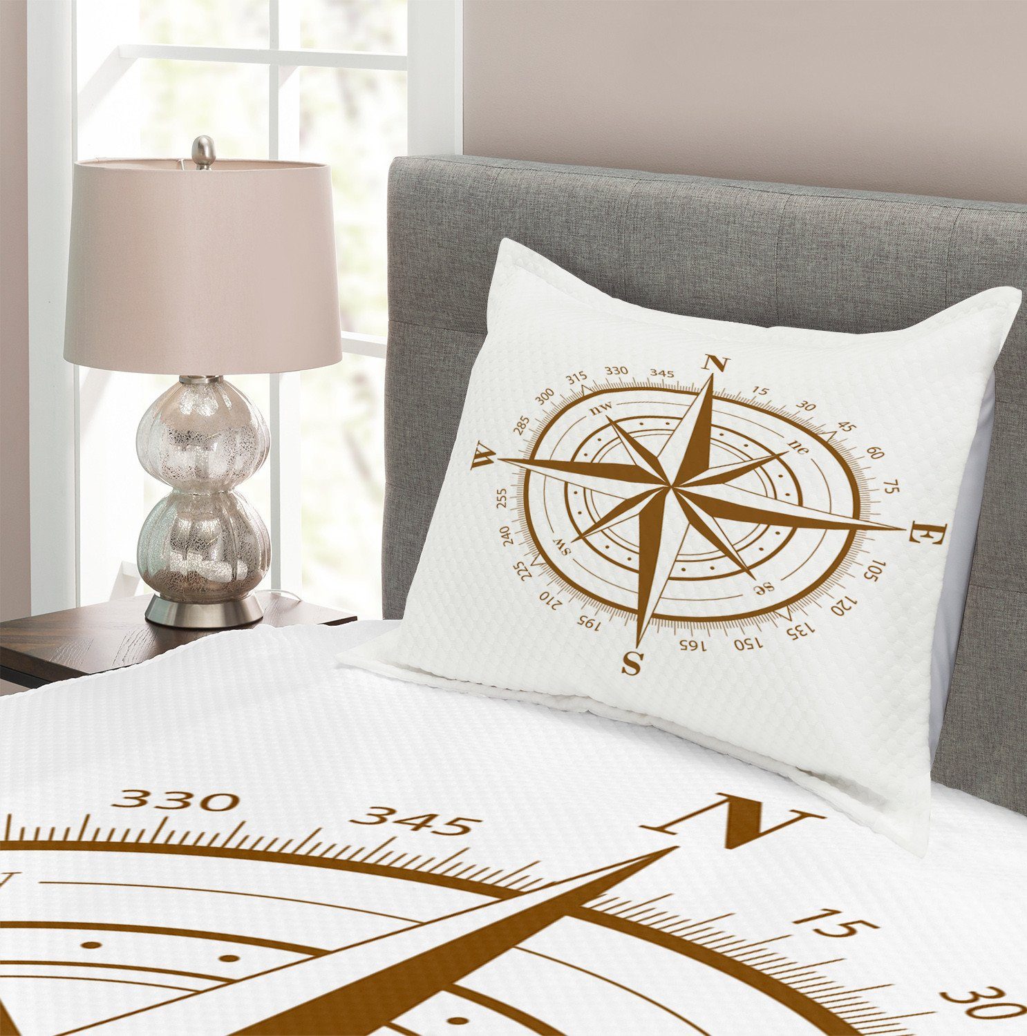 Detaillierte Set Kompass Abakuhaus, Kissenbezügen Tagesdecke Waschbar, Brown mit