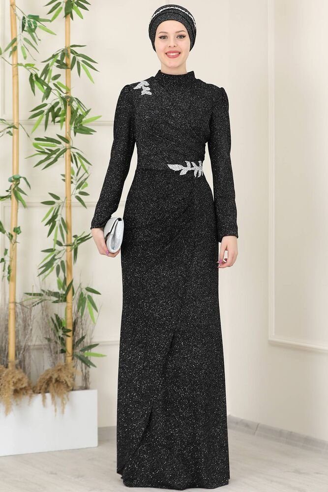 Modavitrini Maxikleid Glitzer Kleider Schwarz Maxikleid Abendkleid Stoff Abiye Abaya Damen Hijab langärmliges