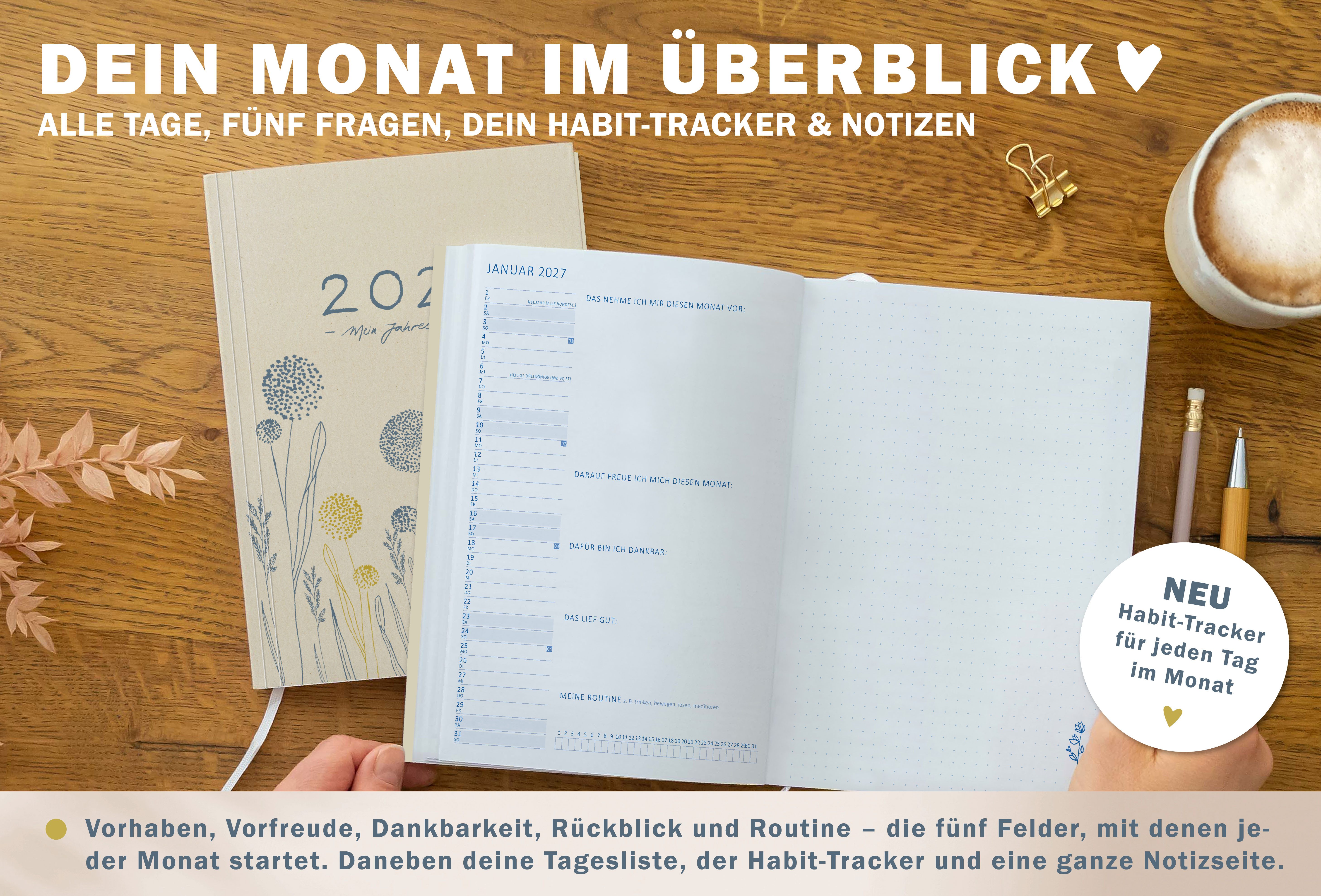 Eine der Guten Verlag Terminkalender Terminkalender Terminplaner 2027 - 365 gute Tage A5, Creme Blau, 1 Seite/ Tag, 408 S. FSC-Papier, Softcover, klimaneutral – Bild 5 von 5