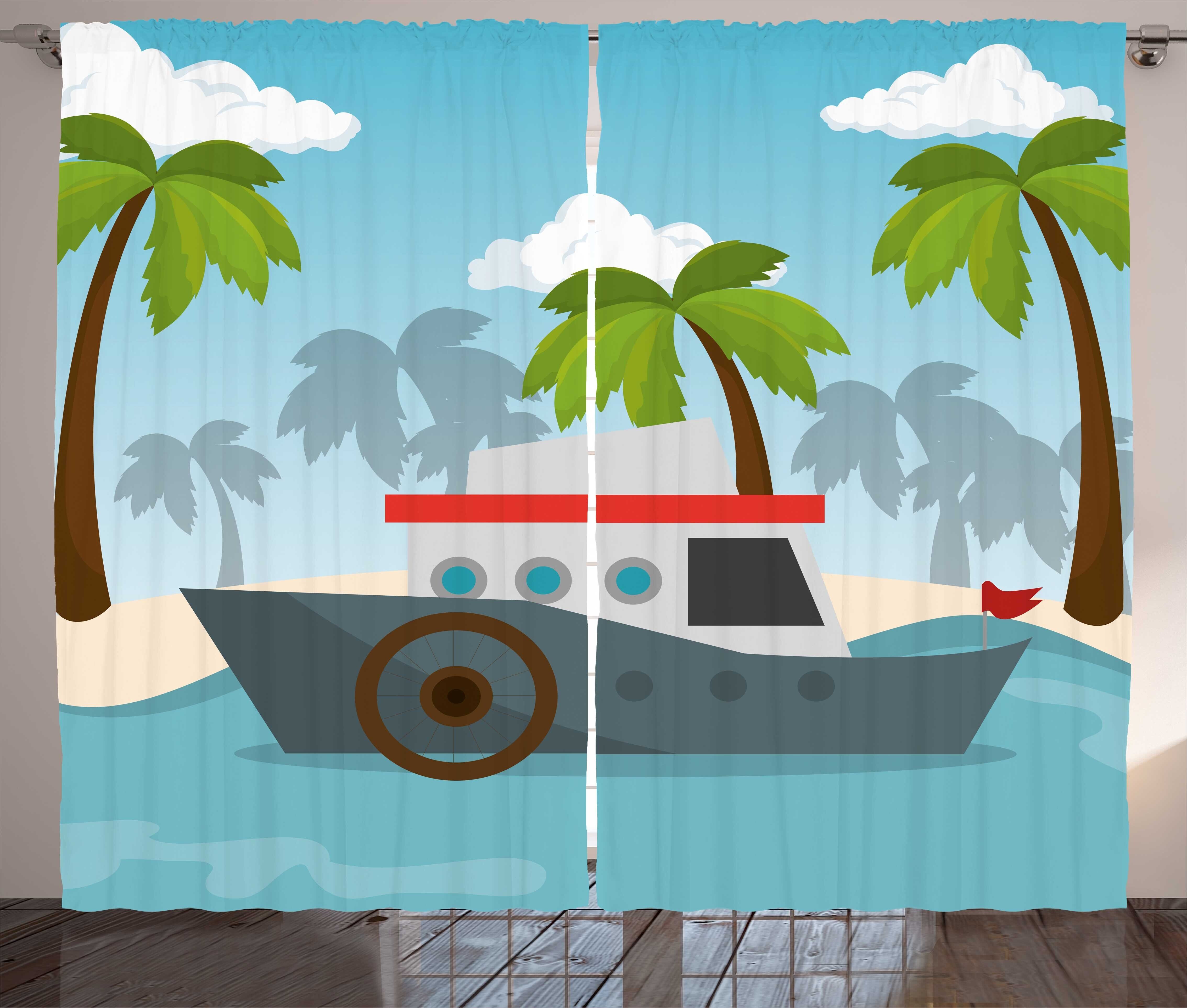 Gardine Schlafzimmer Kräuselband Vorhang mit Schlaufen und Haken, Abakuhaus, Grafik-Strand Cartoon Boat Palms | Fertiggardinen