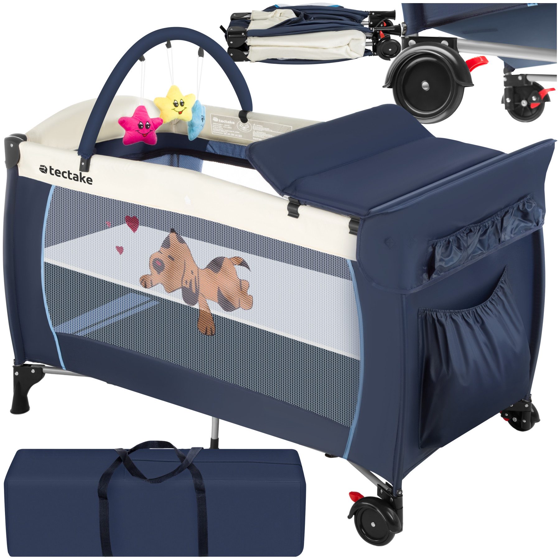 tectake Baby-Reisebett Kinderbett mit Wickelauflage und Transporttasche 132x75x104cm, mit großen Mesh-Einsätzen, Wickelauflage und Seiteneingang in blau