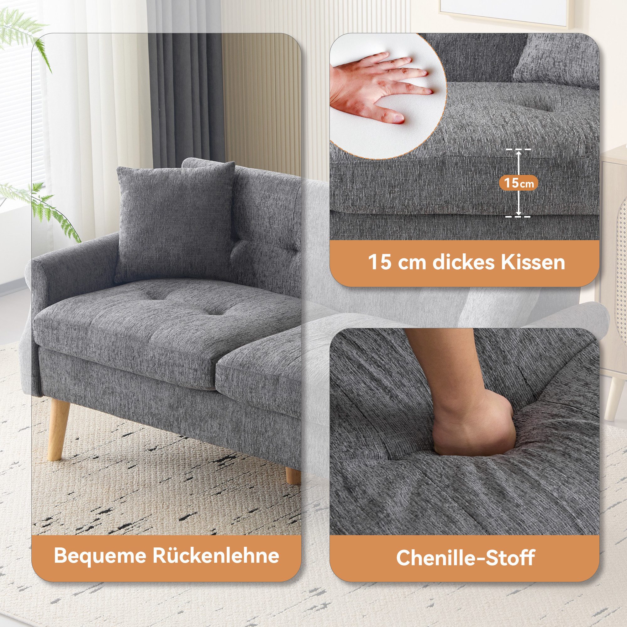 Merax 2-Sitzer Doppelsofa mit dicken Kissen, Holzbeinen und Armlehne, 162x74x77 cm, Polstersofa Sofa aus Chenille-Stoff für Wohnzimmer/Schlafzimmer – Bild 5 von 5