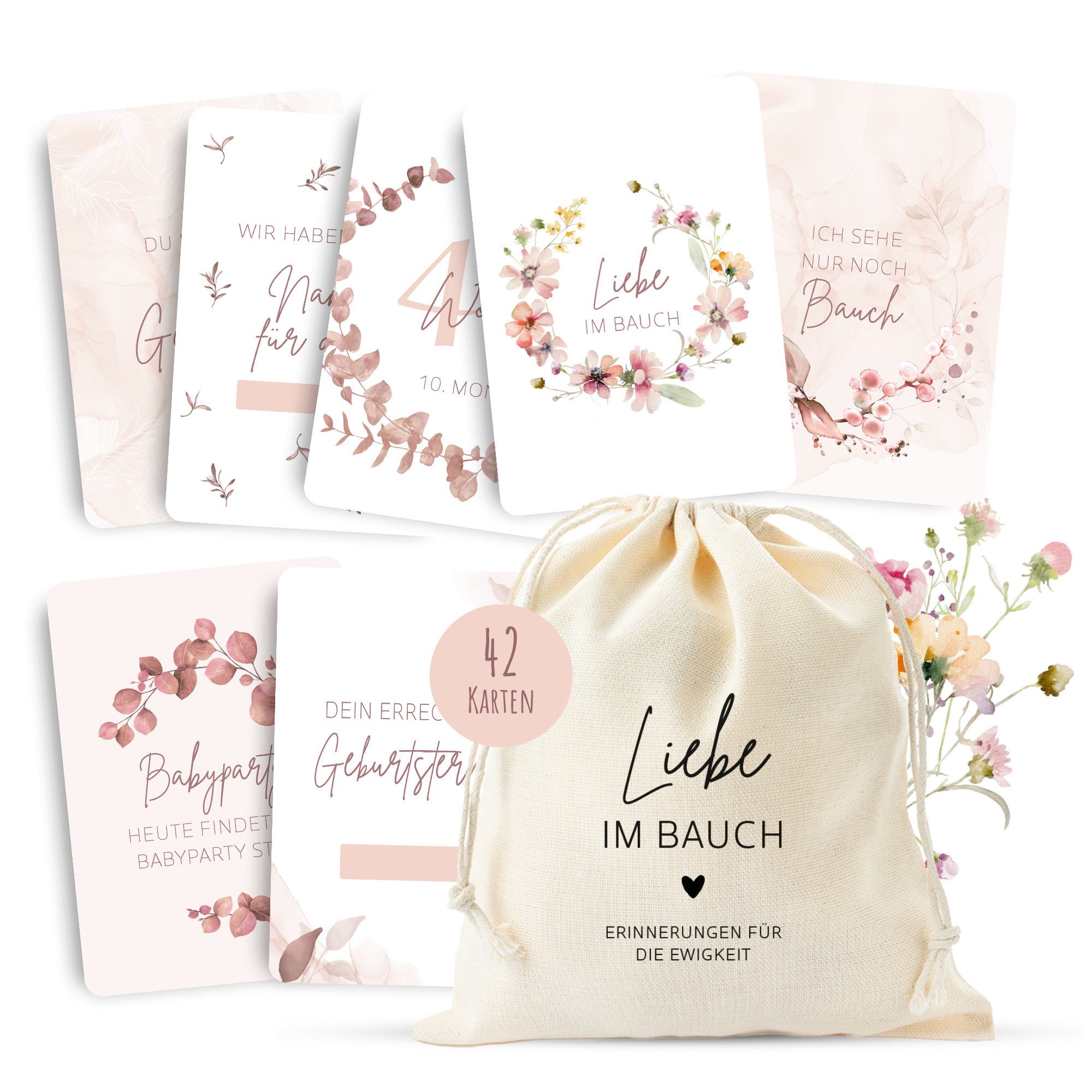 MeinBaby123® Geburtskarte 42 Meilensteinkarten Schwangerschaft zum Ausfüllen, inkl. Baumwollsäckchen, Geschenk zur Schwangerschaft