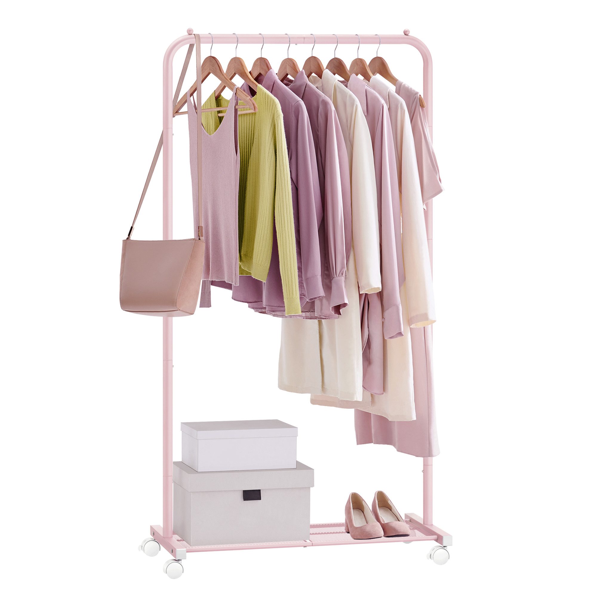 SONGMICS Kleiderständer Kleiderstange auf Rollen, Garderobenständer 74 cm breit, Rollgarderobe mit Gitterablage, bis 35 kg belastbar, 2 Rollen