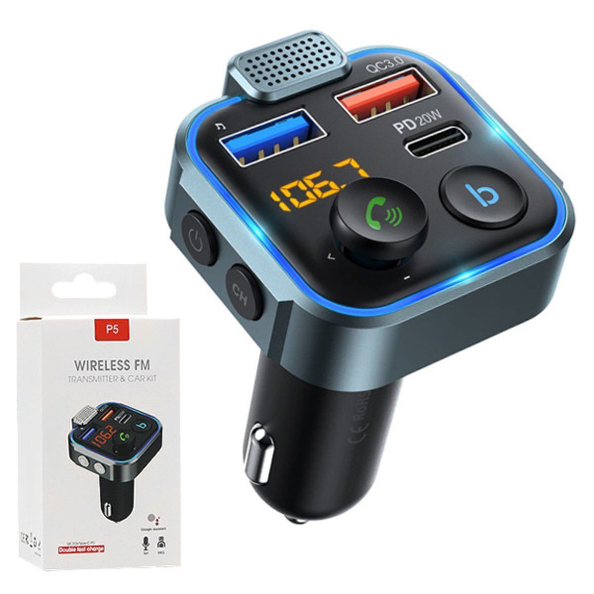 Wisam Ecobox FM-Transmitter Bluetooth 2xUSB + TYPE-C 2,4A 20W Schwarz Verlängerungskabel