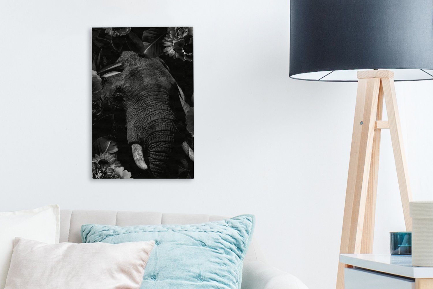 (1 - vor Zackenaufhänger, Hintergrund fertig Gemälde, schwarzem OneMillionCanvasses® Leinwandbild und cm bespannt inkl. 20x30 schwarz Botanischer weiß, Leinwandbild St), Elefant