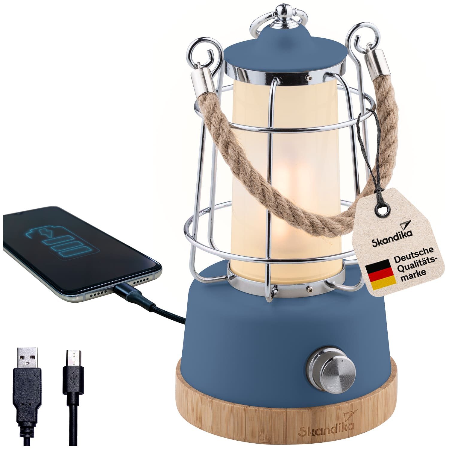 Skandika LED Gartenleuchte Campinglampe Kiruna aufladbar mit Powerbank 5000 mAh, USB, Retro Outdoor Lampe, stufenlos dimmbar, kabellos, 75h Leuchtzeit, Akku