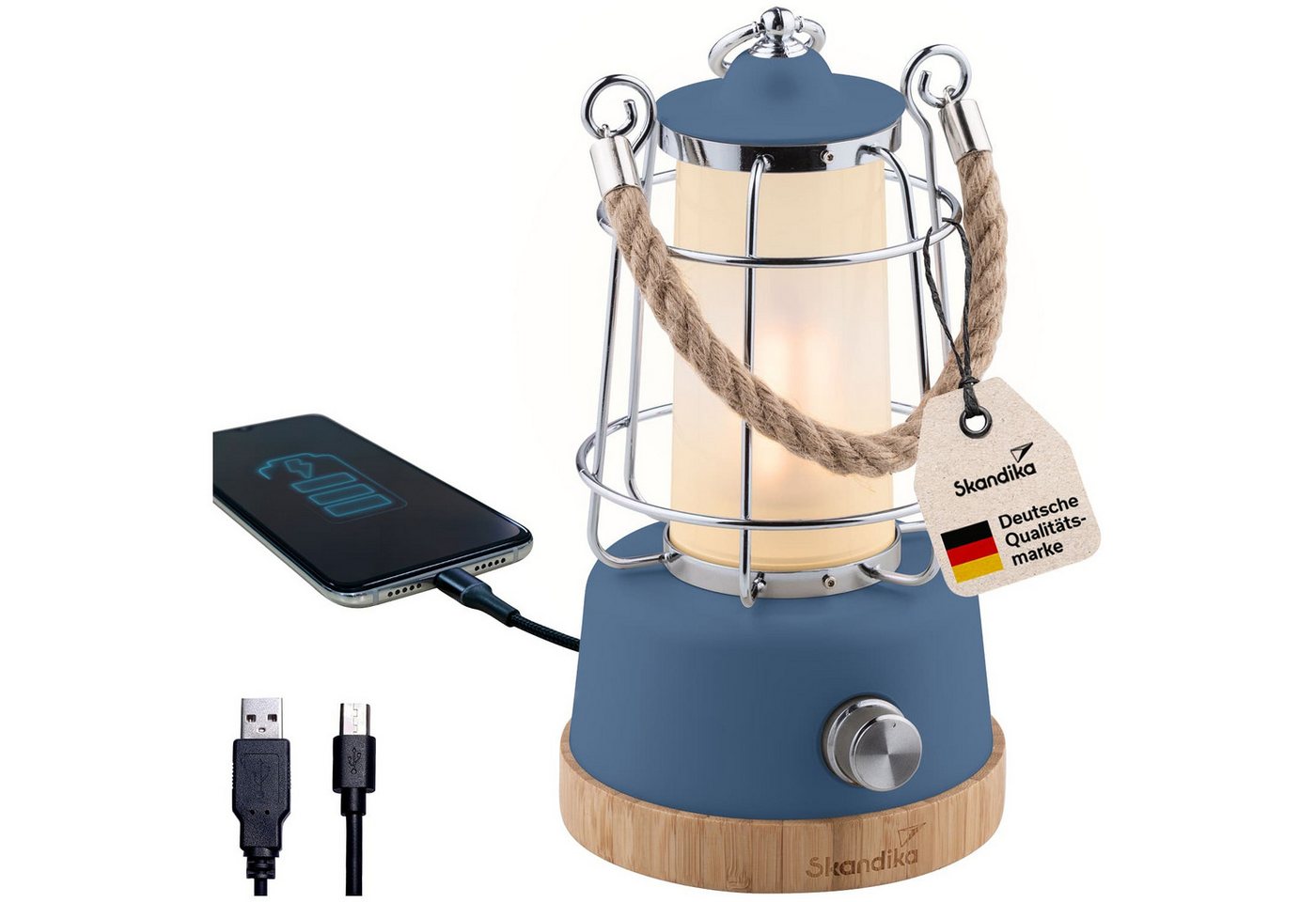 Skandika LED Gartenleuchte Campinglampe Kiruna aufladbar mit Powerbank 5000 mAh, USB, Retro Outdoor Lampe, stufenlos dimmbar, kabellos, 75h Leuchtzeit, Akku