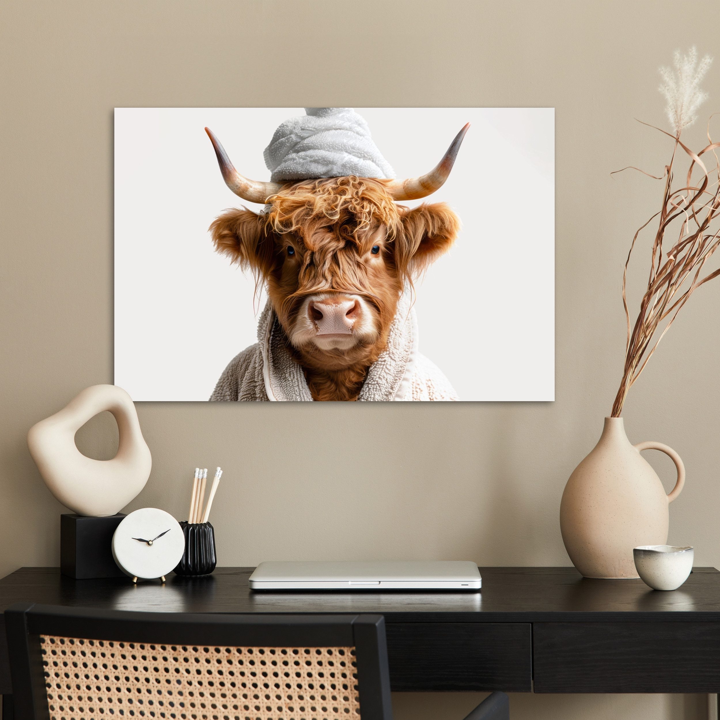 MuchoWow Poster Schottischer Highlander - Bademantel - Kuh - Tiere, (1 St), Poster ohne Rahmen, Wandbild, Wandposter, 60x40 cm