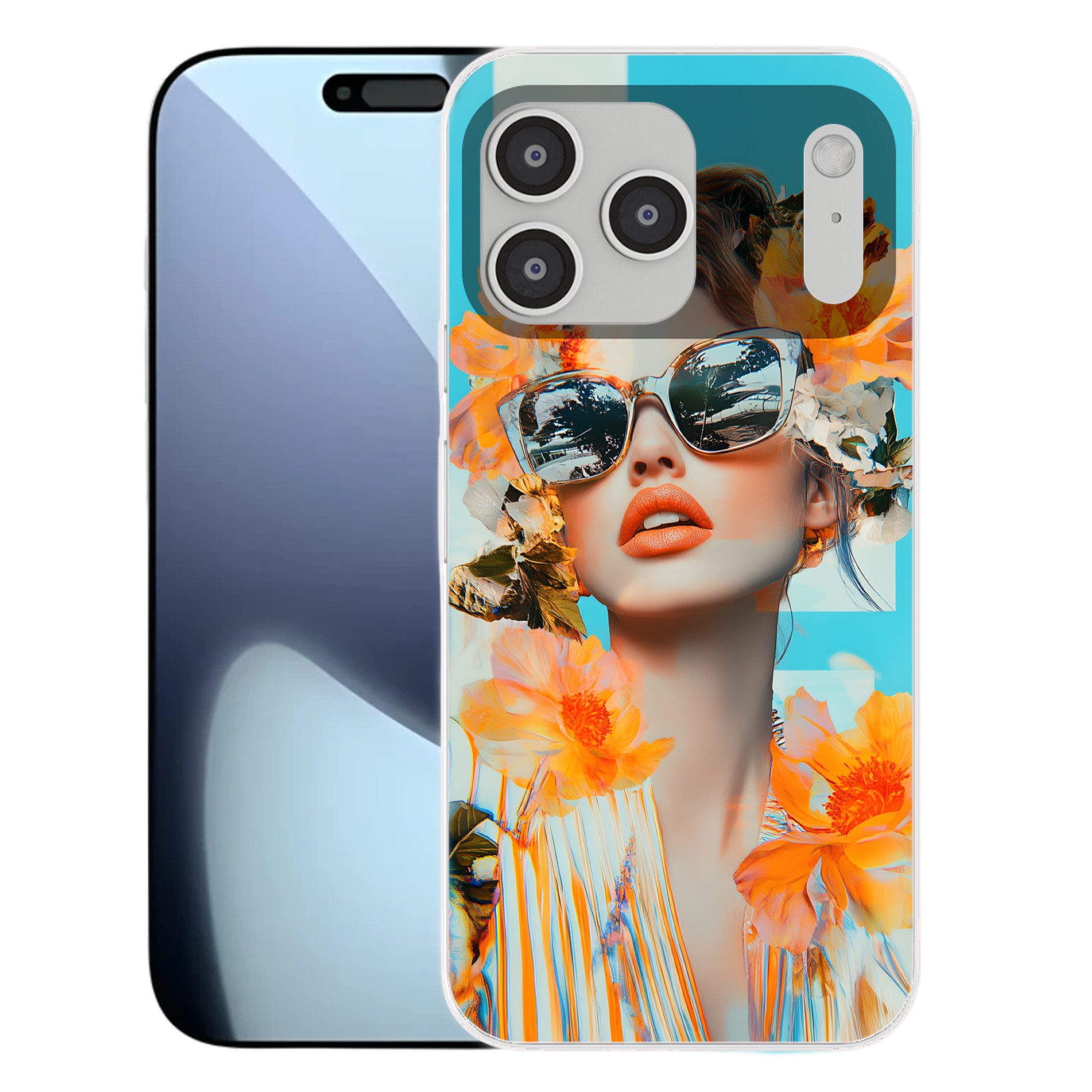 MuchoWow Handyhülle für Apple iPhone 17 Pro Max Blumen - Frau - Sonnenbrille - Blau, Smartphone-Bumper, Print, Handy Schutzhülle Dünn