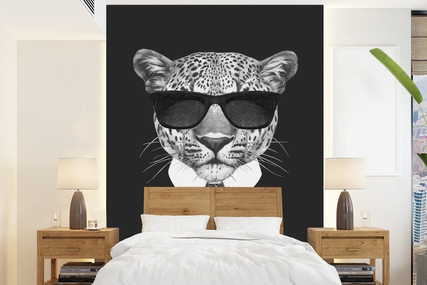 MuchoWow Fototapete Leopard - Sonnenbrille - Pack, Matt, bedruckt, (4 St), Montagefertig Vinyl Tapete für Wohnzimmer, Wandtapete