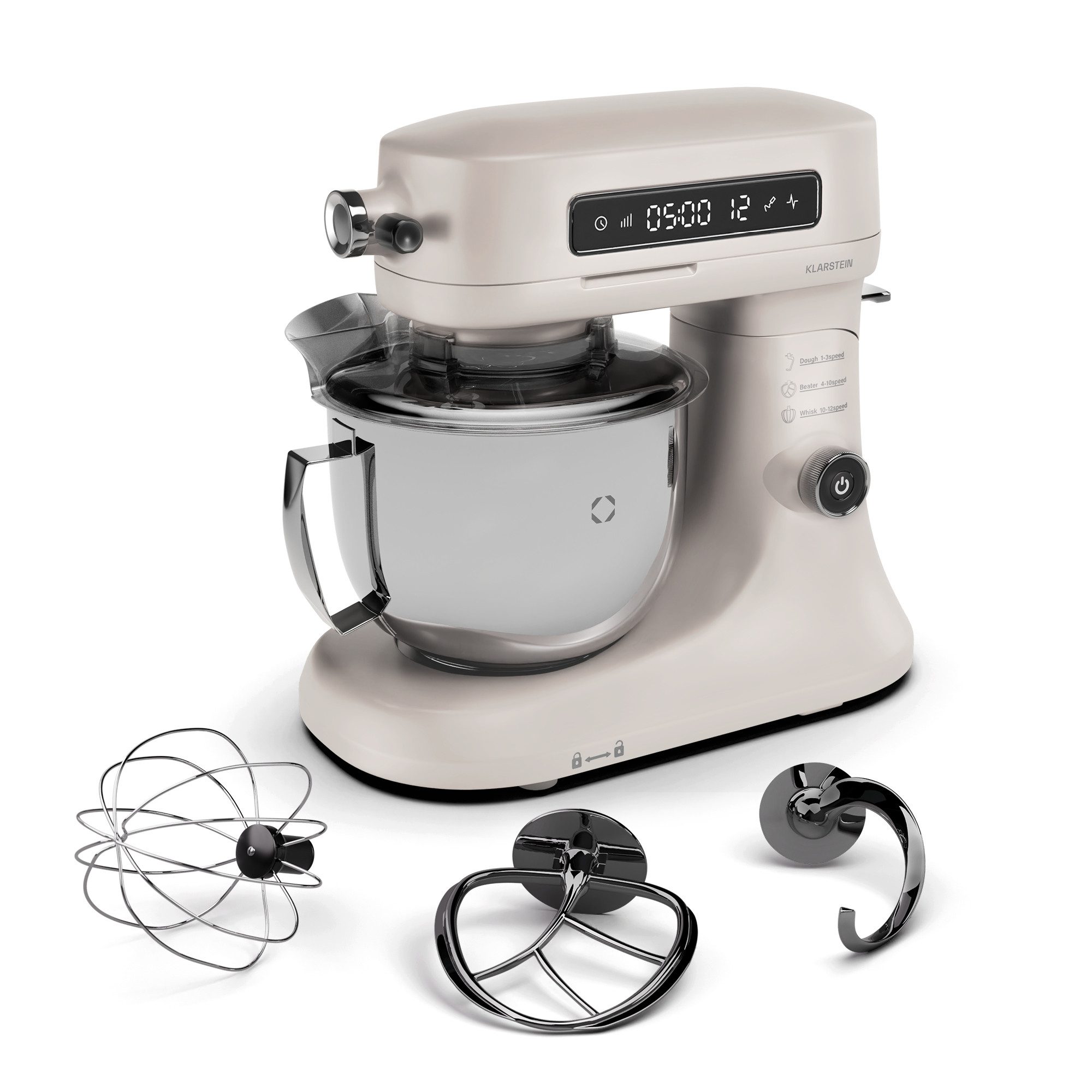 Klarstein Küchenmaschine mit Kochfunktion, 1600 W, 5 l Schüssel, Knethaken Rührbesen Schneebesen 5 L LCD Touch