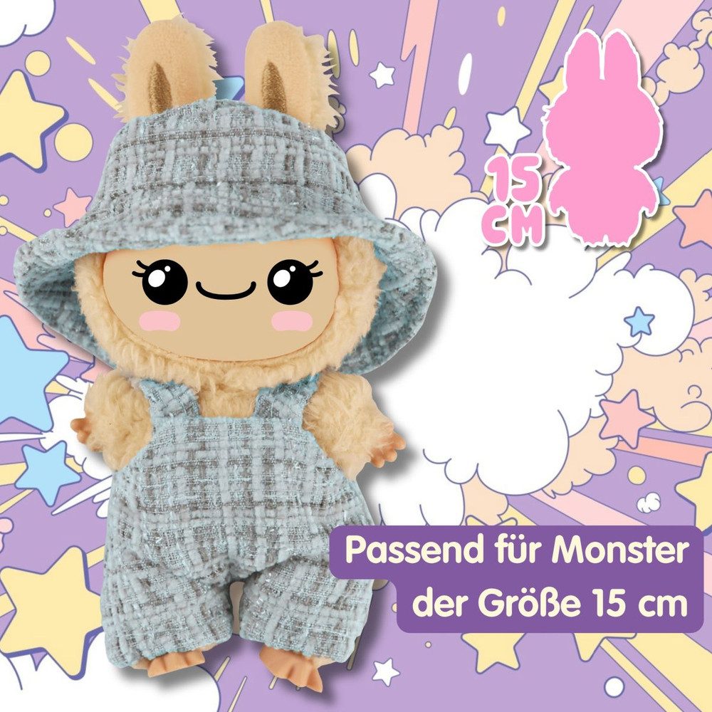 Heless Babypuppe Monster Styles - Bouclé Latzhose mit Fischerhut - ca. 15 cm - blau