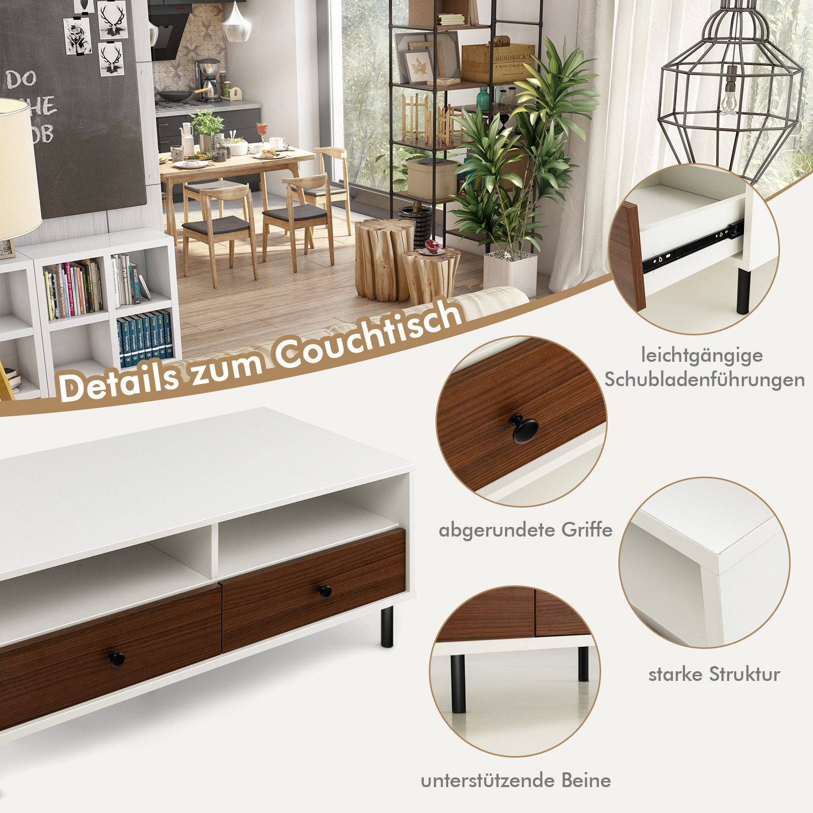 COSTWAY Couchtisch Wohnzimmertisch mit 2 Schubladen, Ablagen, rechteckig, 48x95x45cm – Bild 5 von 5