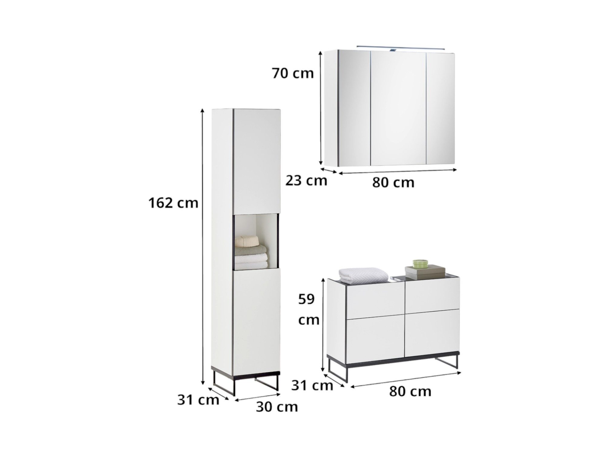moebel-dich-auf Badmöbel-Set VENEZIA, (Set 2, 3-St., Hochschrank, Spiegelschrank, Waschbeckenunterschrank), weiß matt, Absetzung: schwarz