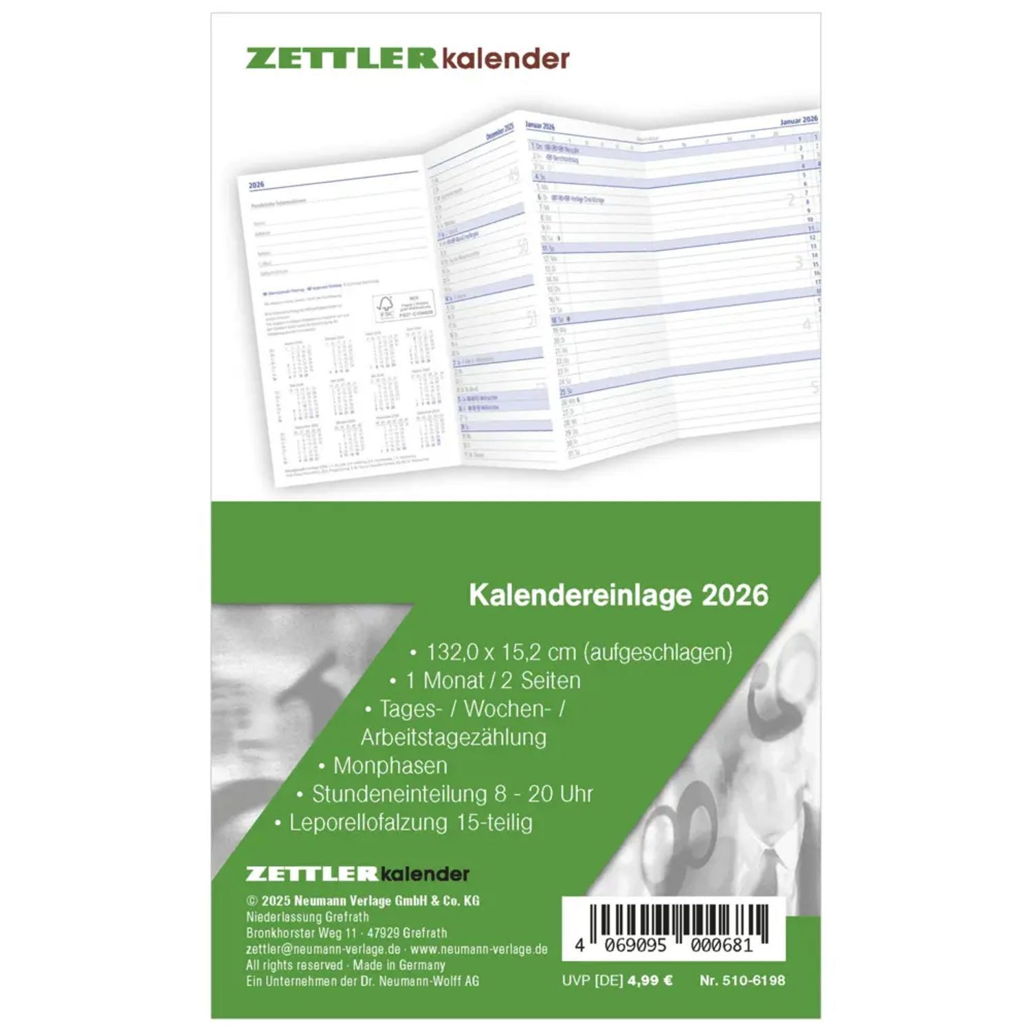 ZETTLER Taschenkalender Zettler Kalenderersatzeinlage TP 1M/2S Leporello 2026 -...