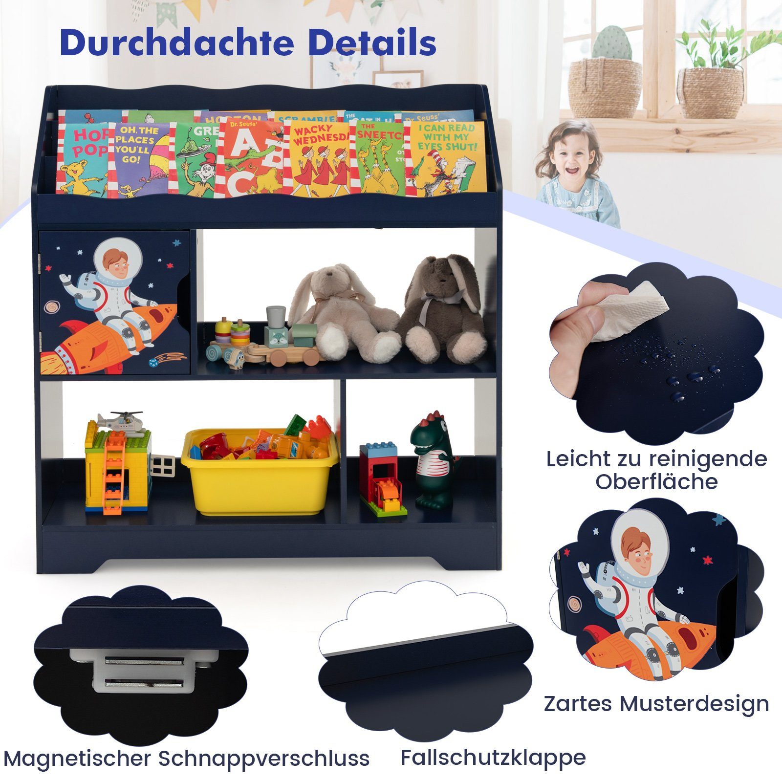 COSTWAY Bücherregal, Kinder, Spielzeugregal mit Fachern & Tür, weiß 93x30x100cm