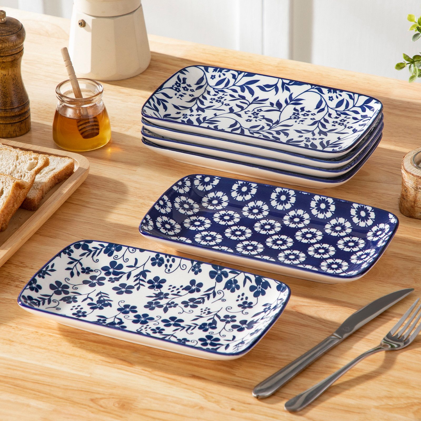 vancasso Sushiteller 6tlg Sushi-Platte, Porzellan Servierteller, rechteckig, Blau und Weiß, (6 St)
