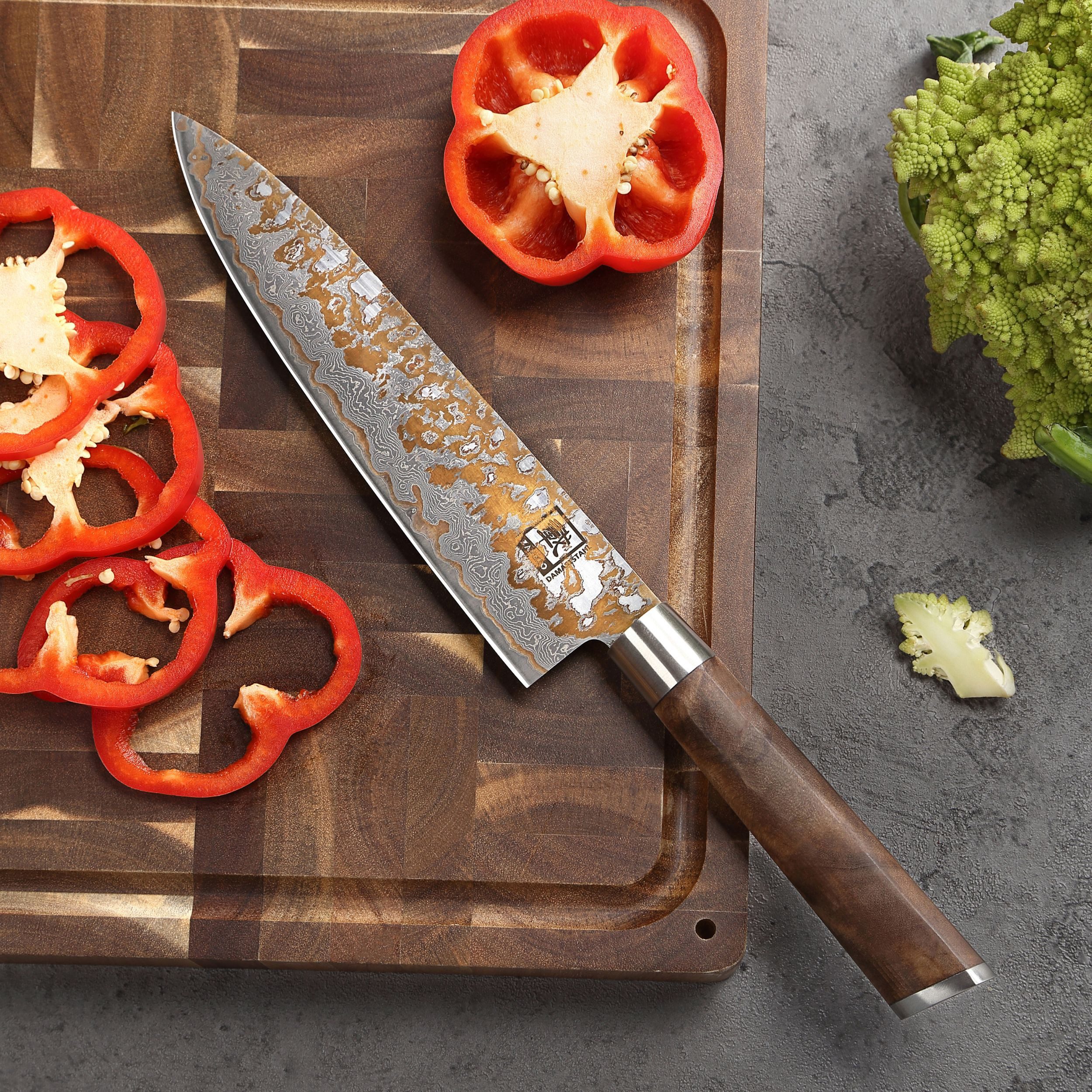 ZAYIKO Universalküchenmesser MysticMagma Chefmesser Küchenmesser 20 cm Damast Kupfer-Bronze-Einlage, Damaststahl, Kupfer-Bronze-Einlage