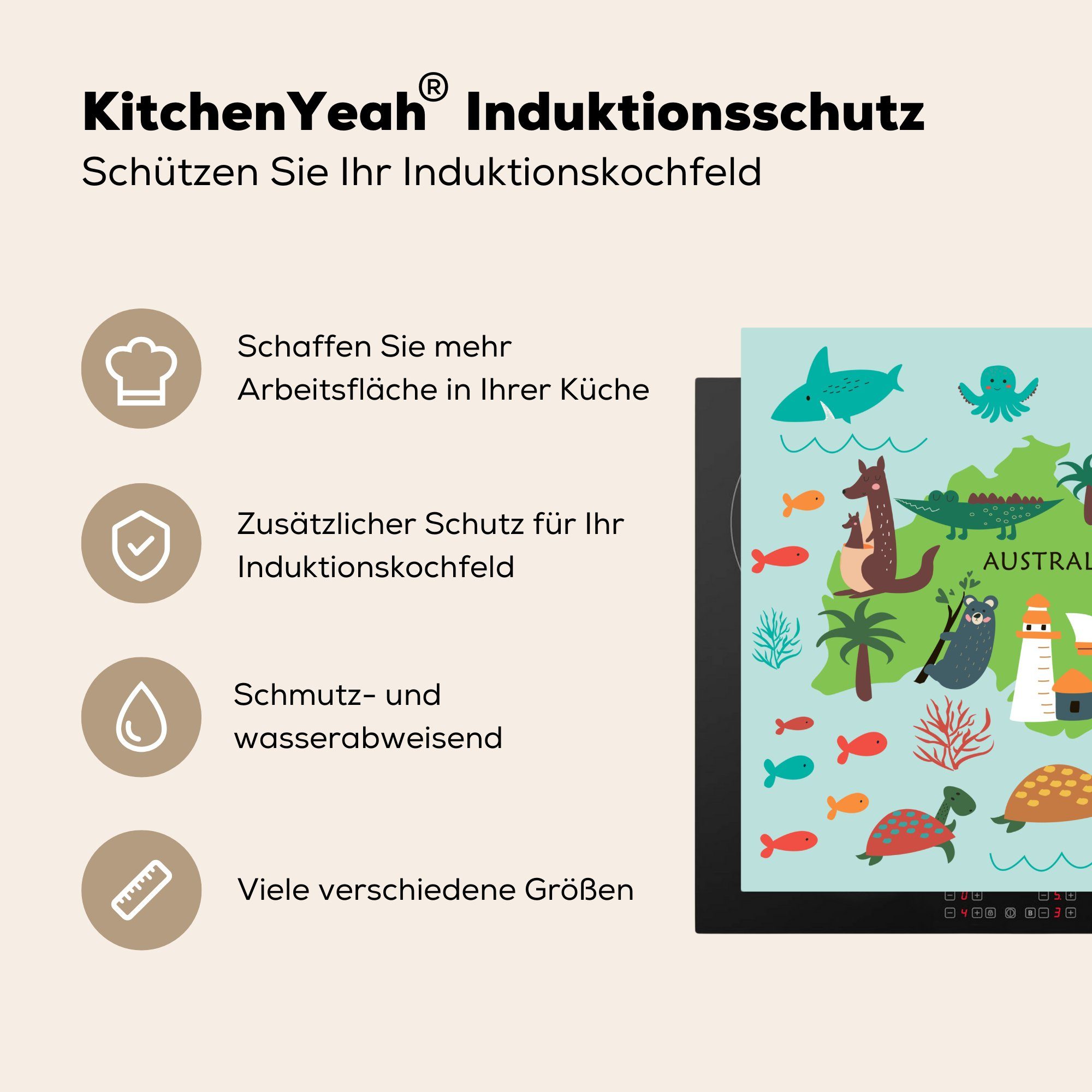 Tiere, tlg), Kinder MuchoWow für (1 Australien Herdblende-/Abdeckplatte - cm, 78x78 Vinyl, - Weltkarte Arbeitsplatte küche Ceranfeldabdeckung,