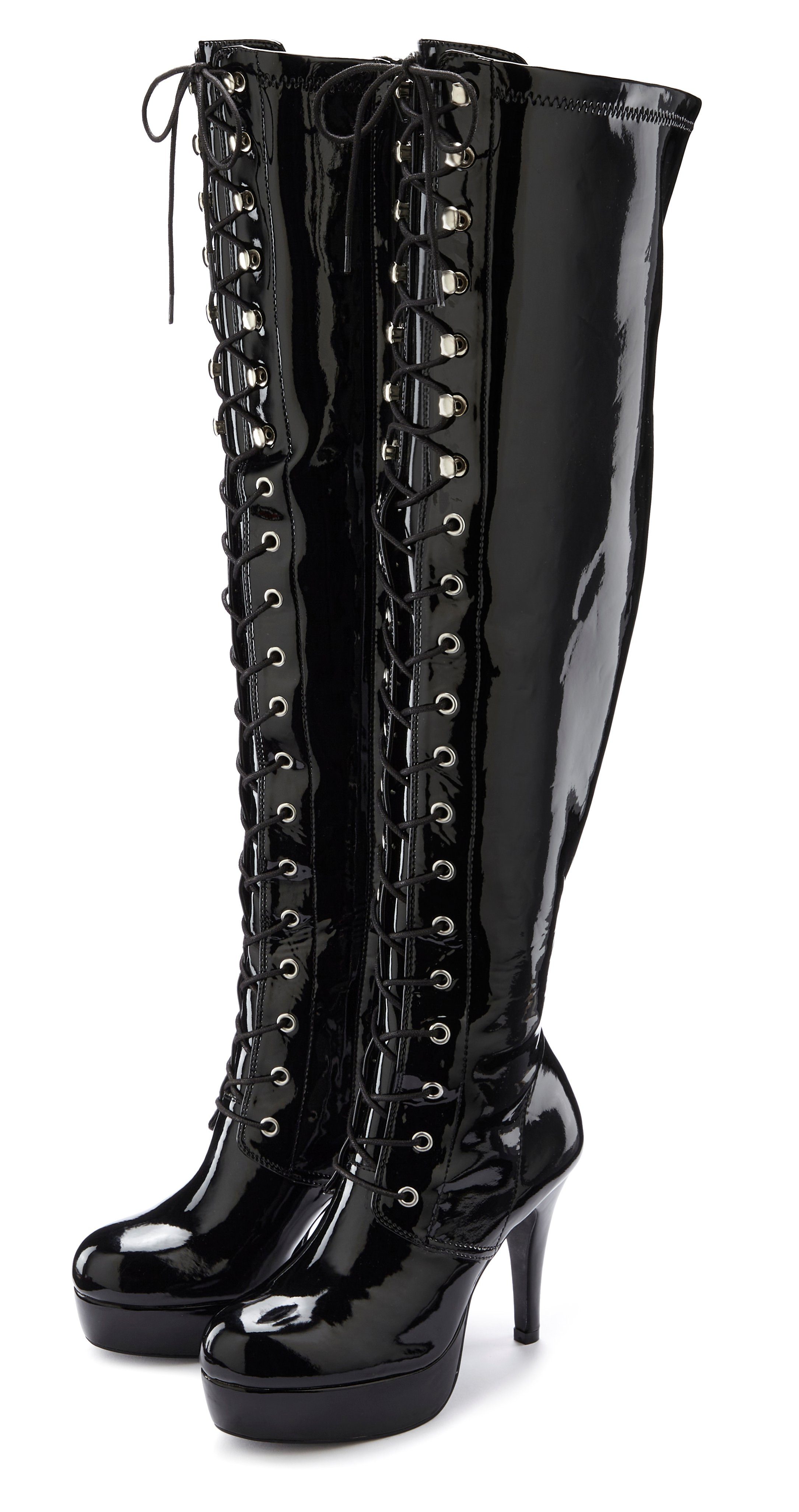 LASCANA Belle Affaire Overkneestiefel mit Plateau und Lack-Optik, erotische High-Heel Stiefelette