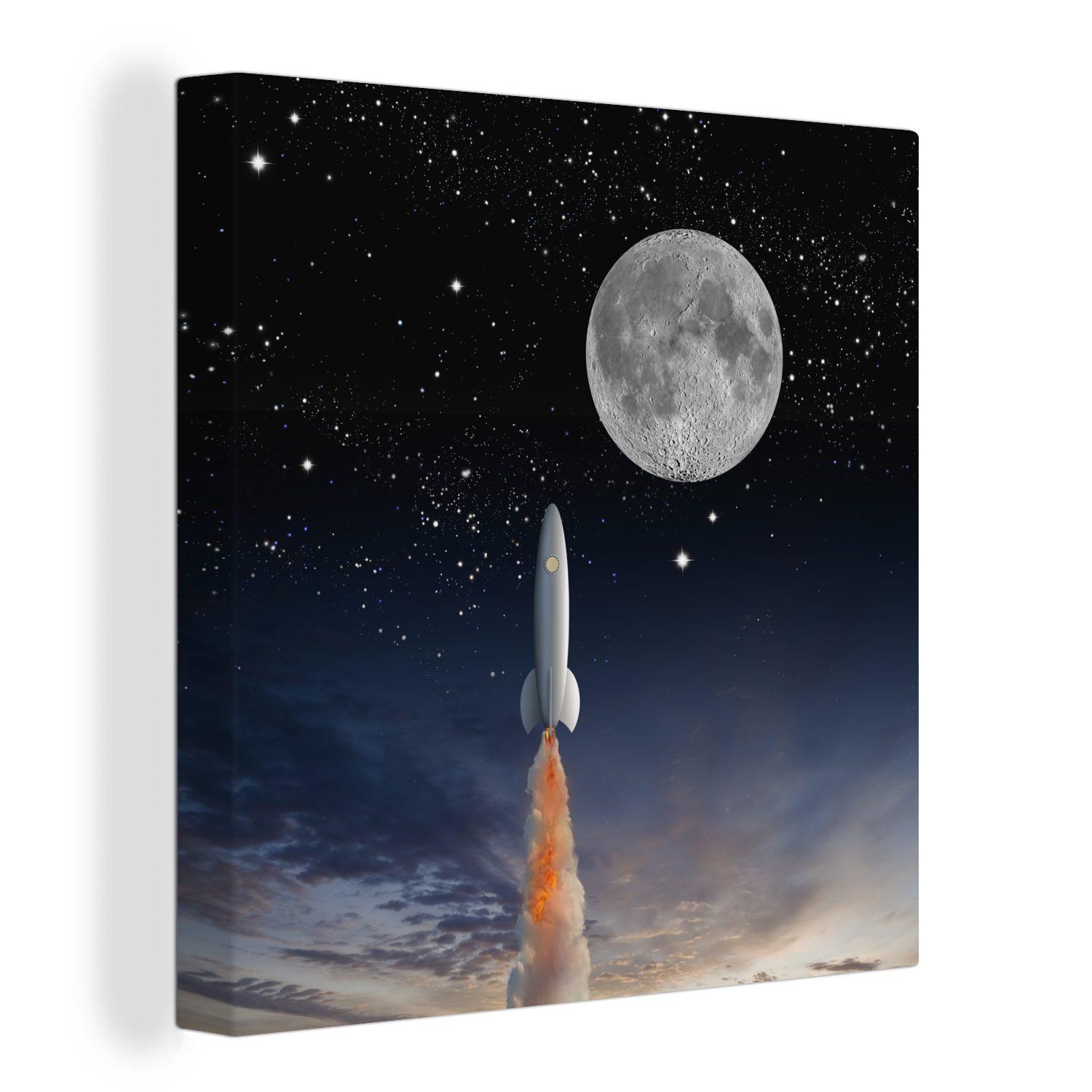 OneMillionCanvasses® Leinwandbild Eine Illustration der Raumfähre und des Vollmondes, (1 St), Leinwand Bilder für Wohnzimmer Schlafzimmer