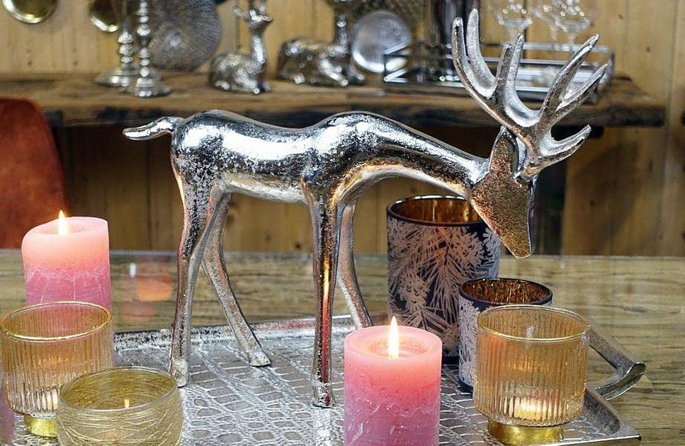 für Rentier Hirsch Dekoration - Figur - Set Winter Dekofigur Statue Hirschgeweih - - Silber MichaelNoll - Aluminium Weihnachten Küche, Dekofigur - 2er Schlafzimmer Stehend Deko Metall Wohnzimmer,