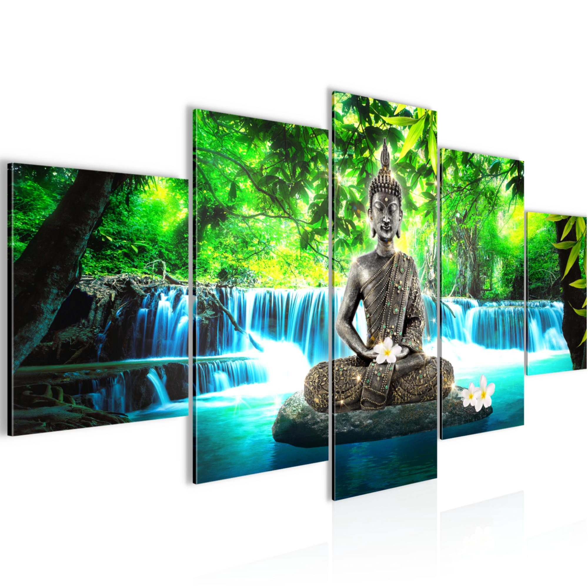 Runa Art Wandbild Buddha Wasserfall auf Vlies Leinwand Deko Natur Blau Grün 503552b, 100L x 50B cm