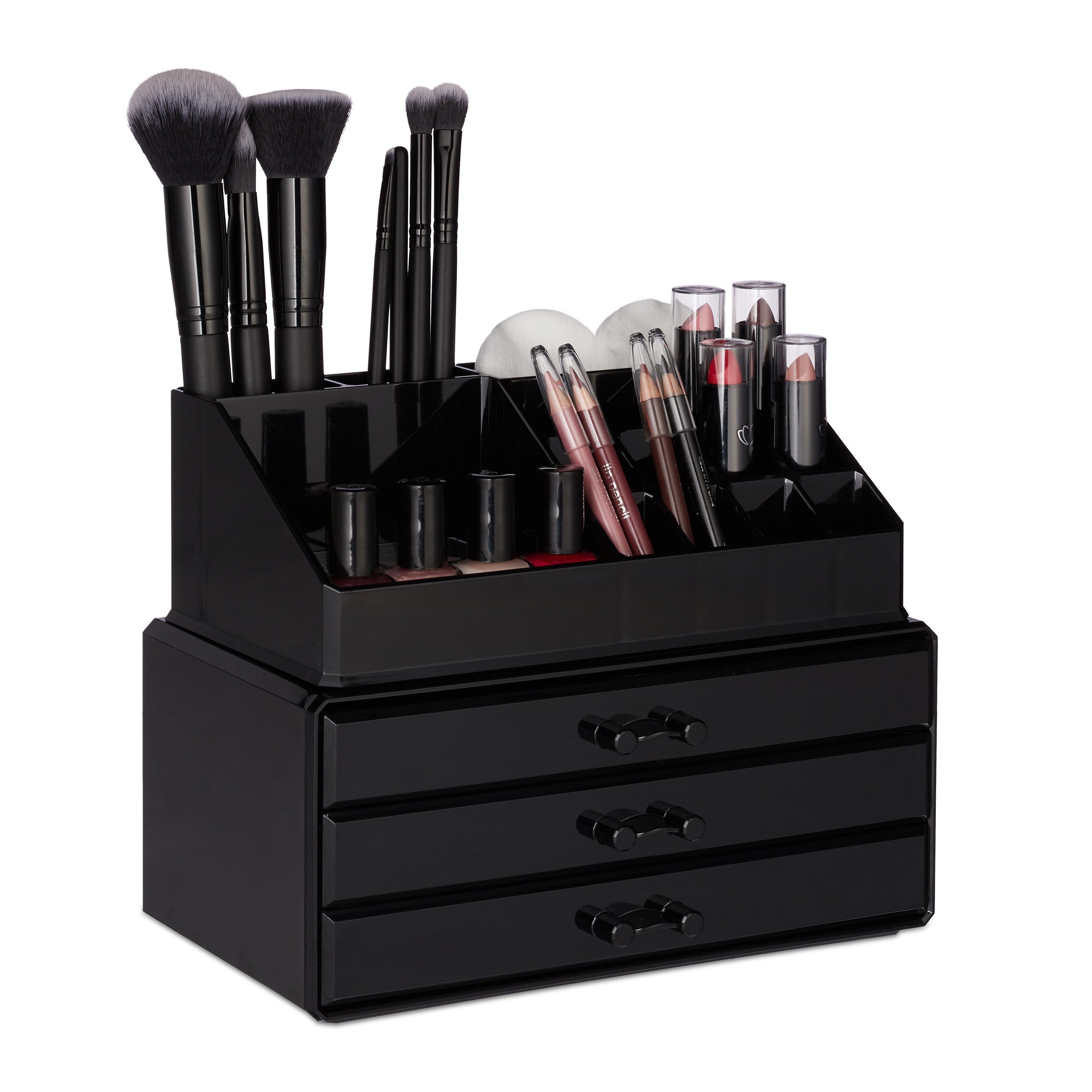 relaxdays Make-Up Organizer mit 3 Schubladen, 2-tlg., schwarz