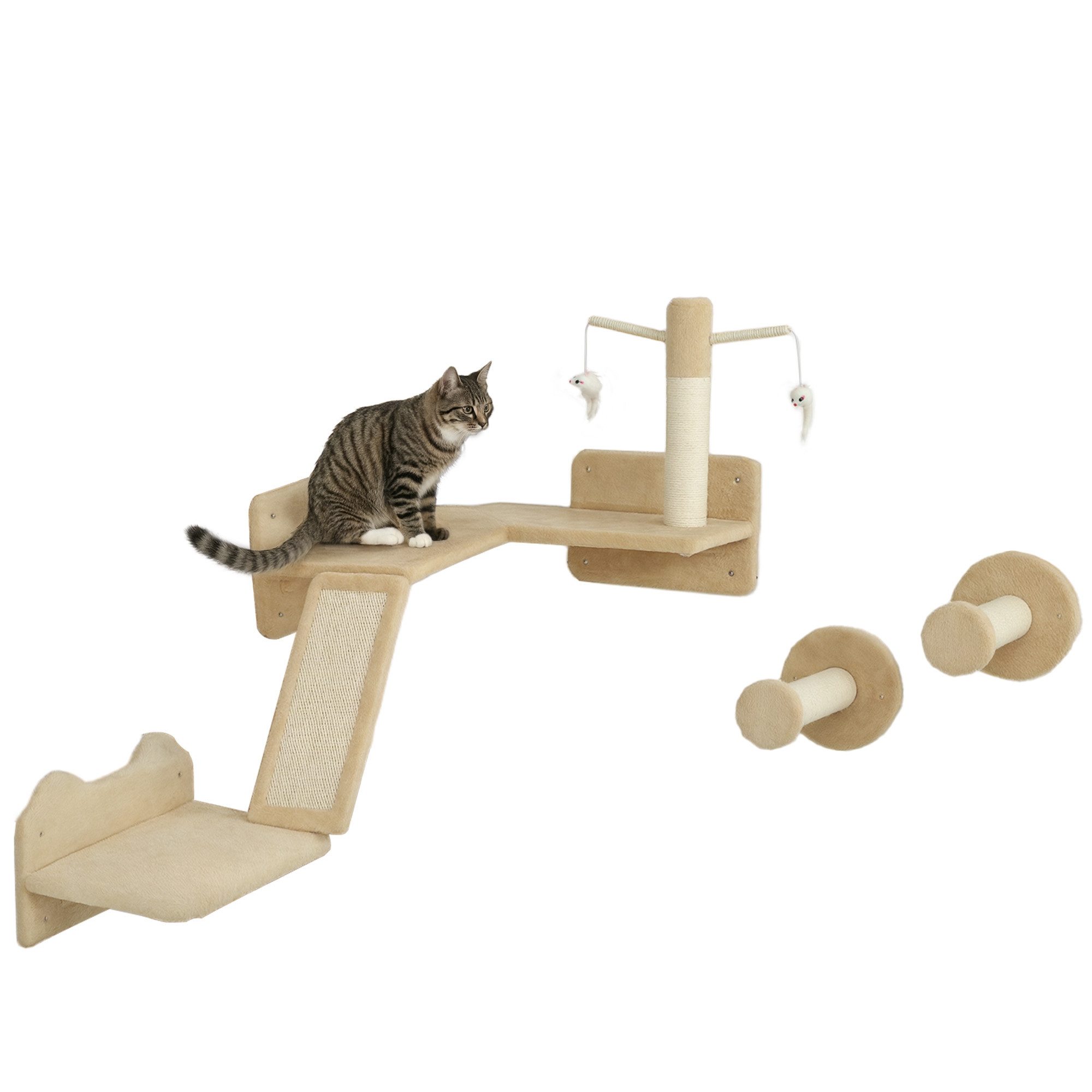 PawHut Katzen-Kletterwand 3-teilig Katzenmöbel mit Kratzbrett, Sprungplatten, Kratzstamm, für Katzen bis 5 kg, Sisal, Beige