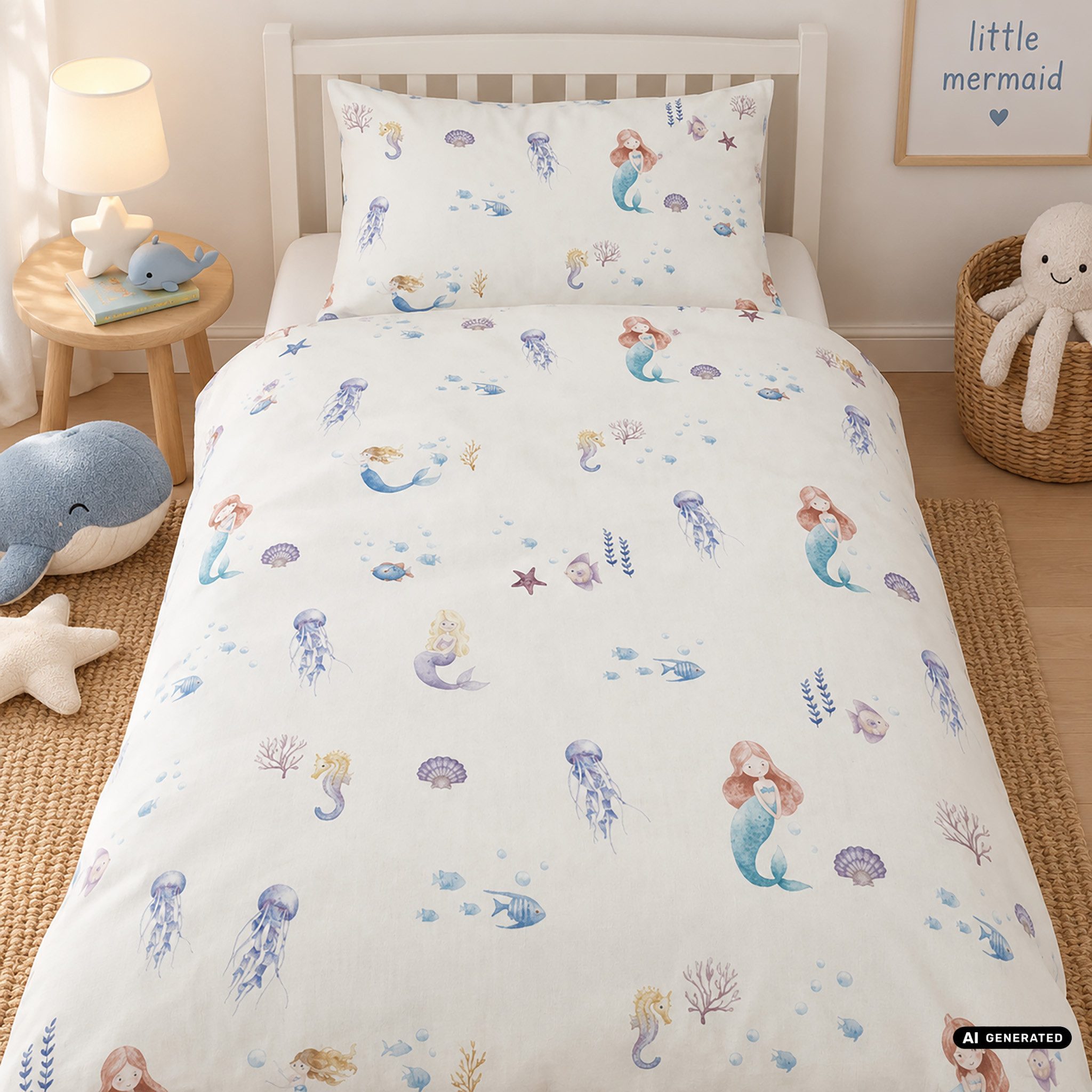 Casa Colori Bettwäsche Kinder Bettwäsche 100x135 cm, Baumwolle, 2 teilig, Kissen 40x60 cm Offwhite Meerjungfrau