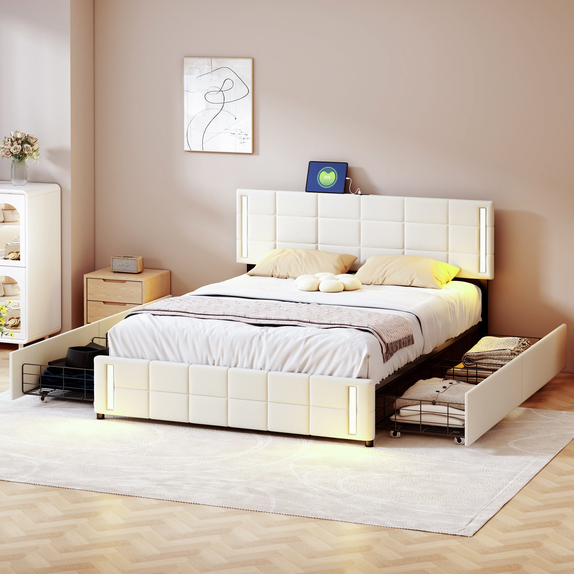 REDOM mit Kinderbett Gästebett 4 LED-Lichtsteckdose gepolstert, Ohne Matratze Schubladen), beige Polsterbett Doppelbett Polsterbett (Leinen 140*200cm