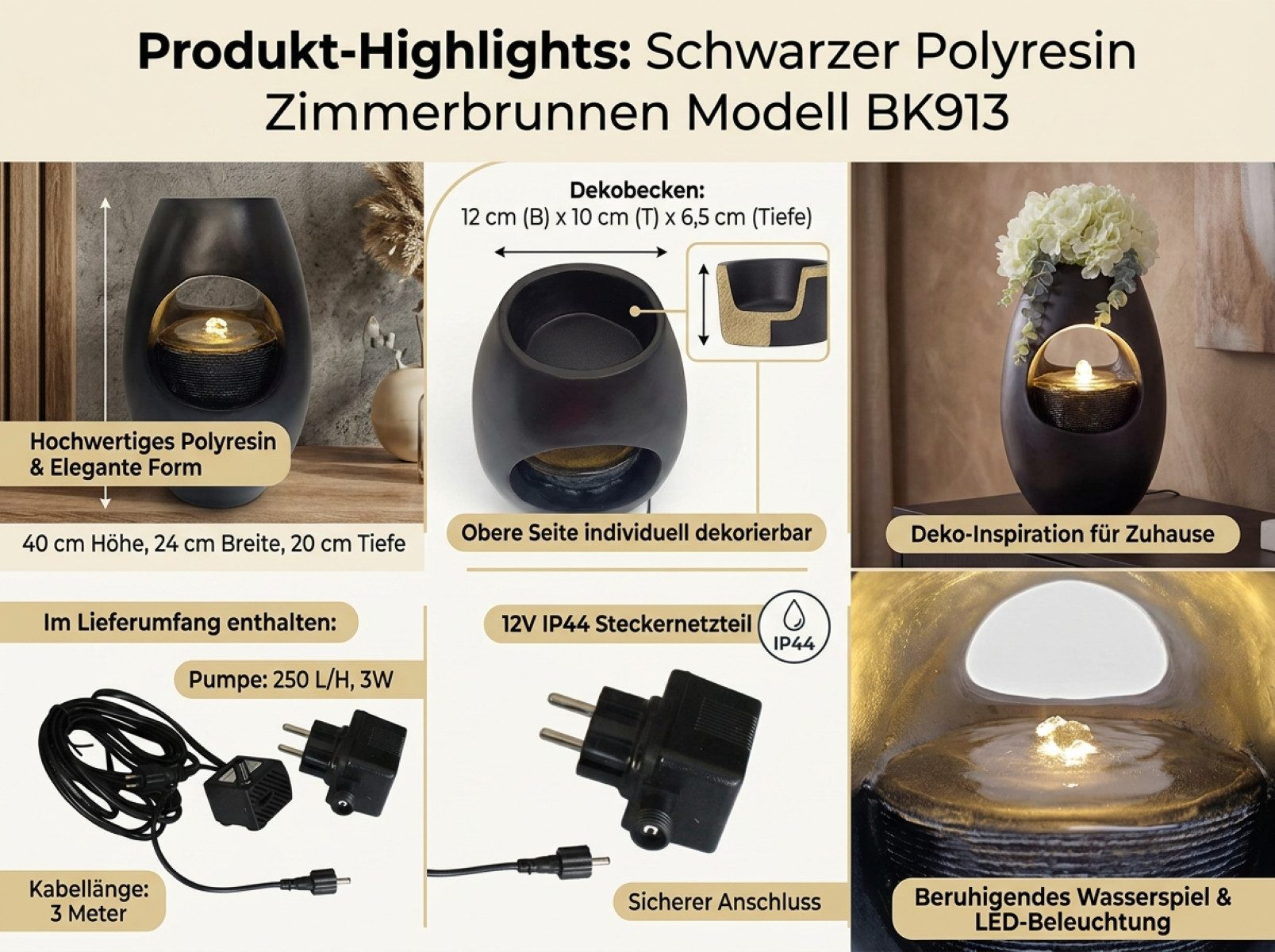 Arnusa Zimmerbrunnen Tischbrunnen mit Vase schwarz 40 cm warmweiße LED Beleuchtung, Dekoration Blumenvase Wohnzimmerdeko schwarz