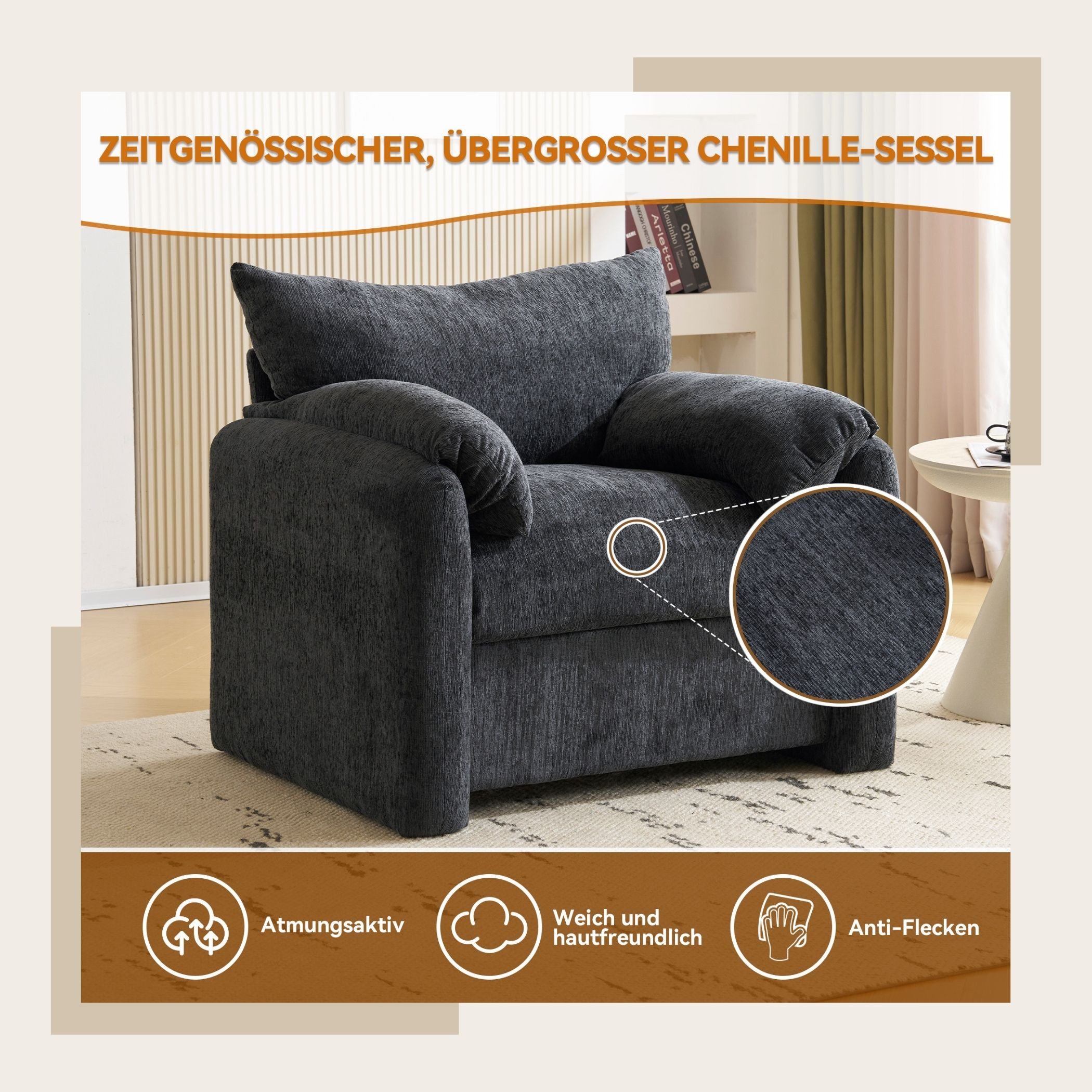 SeedWave Sessel Chenille-Sessel, 96cm Extra-Breiter Sitz, 18cm Weiches Polster, Hochwertiger Chenille-Stoff, Minimalistischer Stil, 150kg Tragkraft